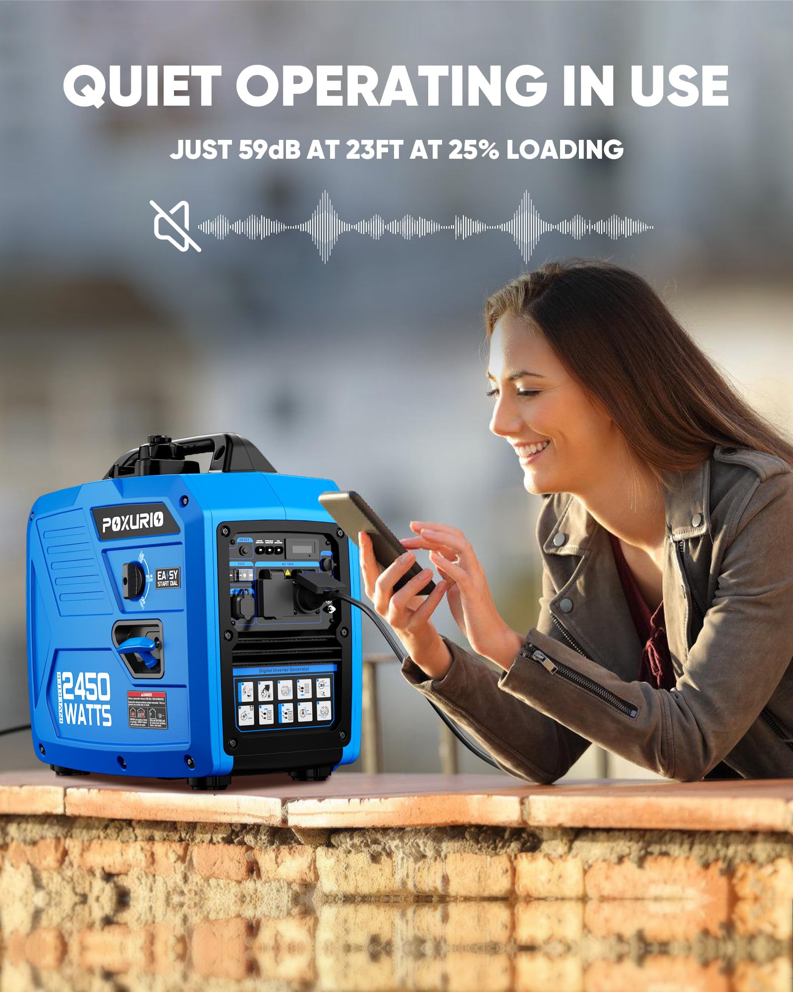 2450W Portable Inverter Generator - Ultra Quiet Gas Powered Generator with 1.6 Gallon Fuel Tank (8.3H Runtime) | 120V EPA Compliant for Camping, RV Trips & Emergency Home Backup Power