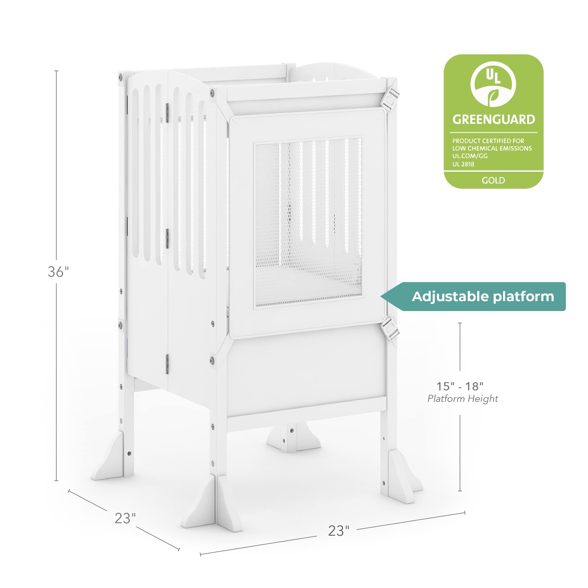 Guidecraft Kitchen Helper Toddler Tower Step Stool - Adjustable Height Montessori Learning Stool for Kids - White Wooden Foldable Step Stool for Kitchen, Baking & Cooking Activities - Safe Toddler Standing Platform