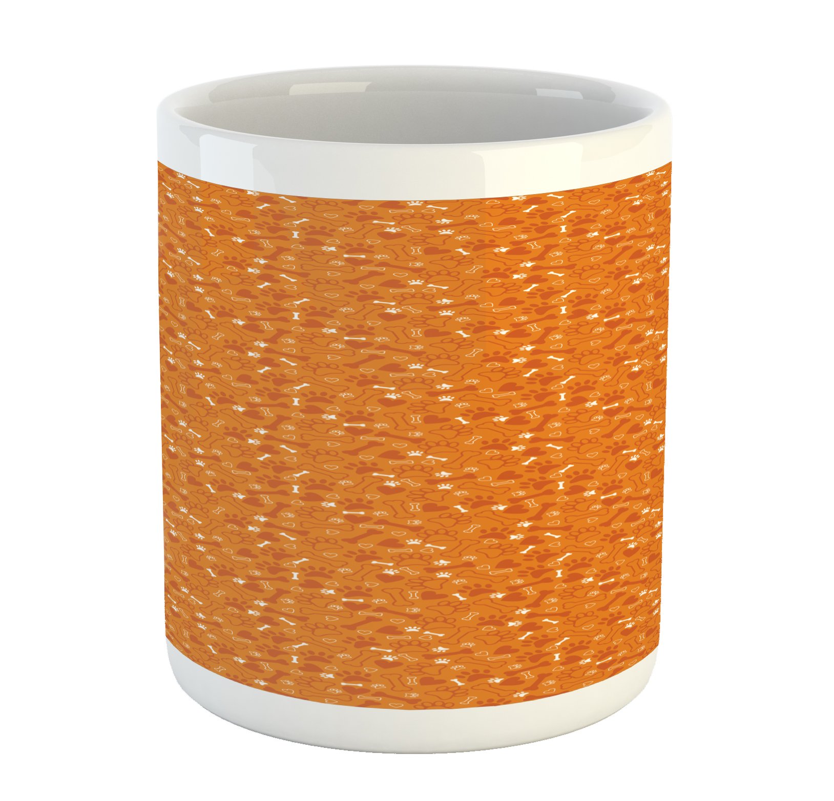 Lunarable Dog Bone Ceramic Mug - Paw Prints, Bones & Hearts Veterinary Theme Coffee Cup for Tea & Water - Marigold, Burnt Orange & White - Perfect for Pet Lovers & Veterinary Professionals
