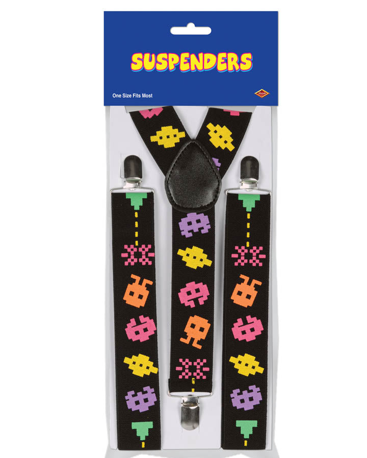 Retro 80s Arcade Video Game Suspenders - Vintage Gamer Accessories for Cosplay, Parties & 80s Themed Events