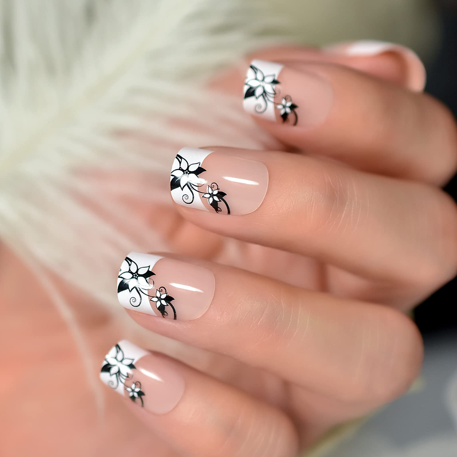 24pcs French Lily Flower Press on Nails - Soft Gel Glossy Natural Nude Fake Nails for Women, Reusable Stick on Acrylic Nails with Glue Kit | Perfect for Weddings, Parties & Everyday Wear