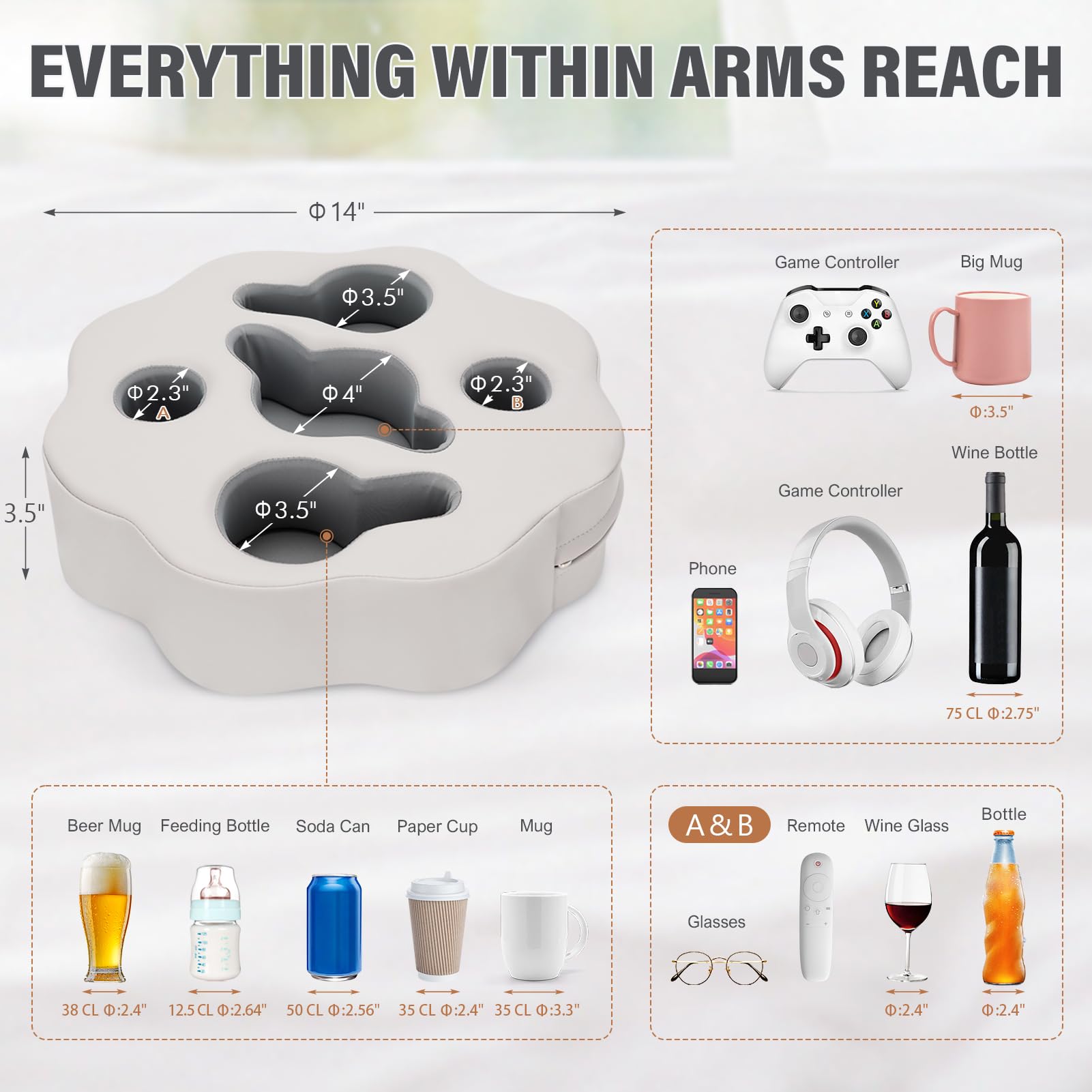 PU Grey Couch Cup Holder Pillow - Sofa Drink Holder for Drinks, Remotes, Phones & Snacks | Multi-Use Caddy for Bed, Car, Picnic, Beach & RV | Perfect for Home, Travel & Outdoor Relaxation