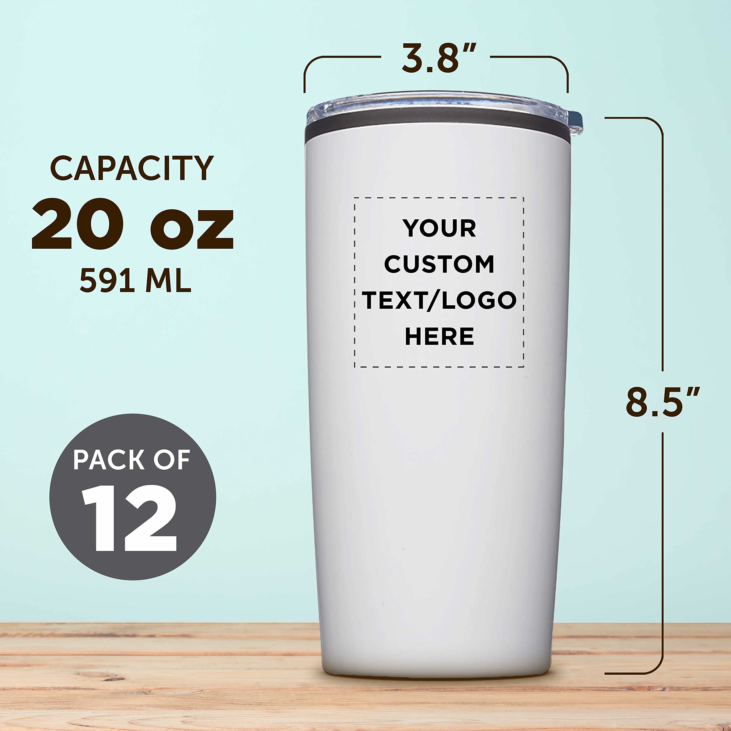12-Pack Custom 20oz Plastic Tumblers with Lids - Insulated Reusable Coffee Cups for Iced Drinks, Personalized Bulk Pack (White) - Perfect for Parties, Office Use & On-the-Go Beverages