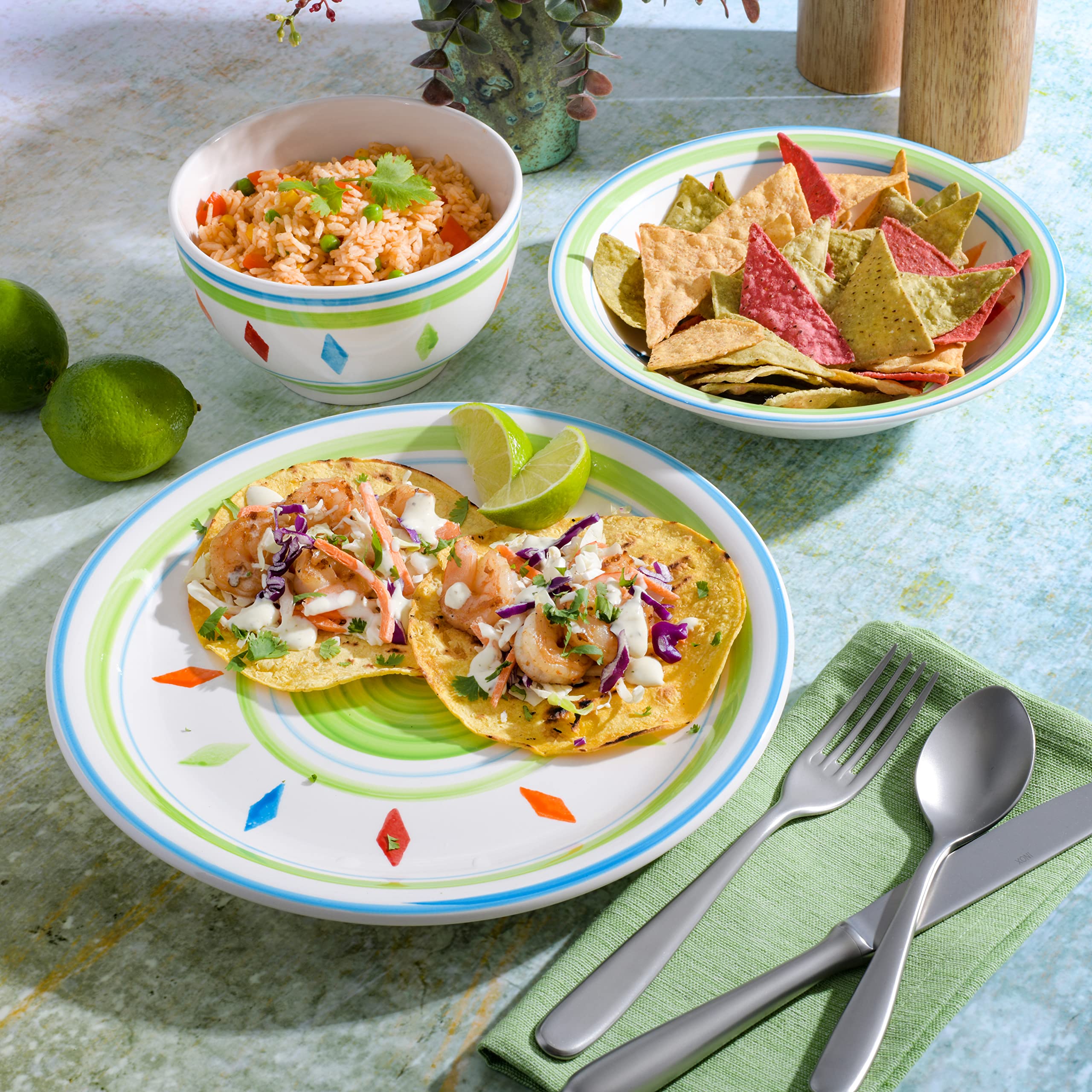 Gibson Home Heidy Hand Painted 12-Piece Dinnerware Set - Elegant Green Ceramic Plates, Bowls & Mugs for 4 People | Perfect for Family Dinners, Holiday Entertaining & Everyday Use