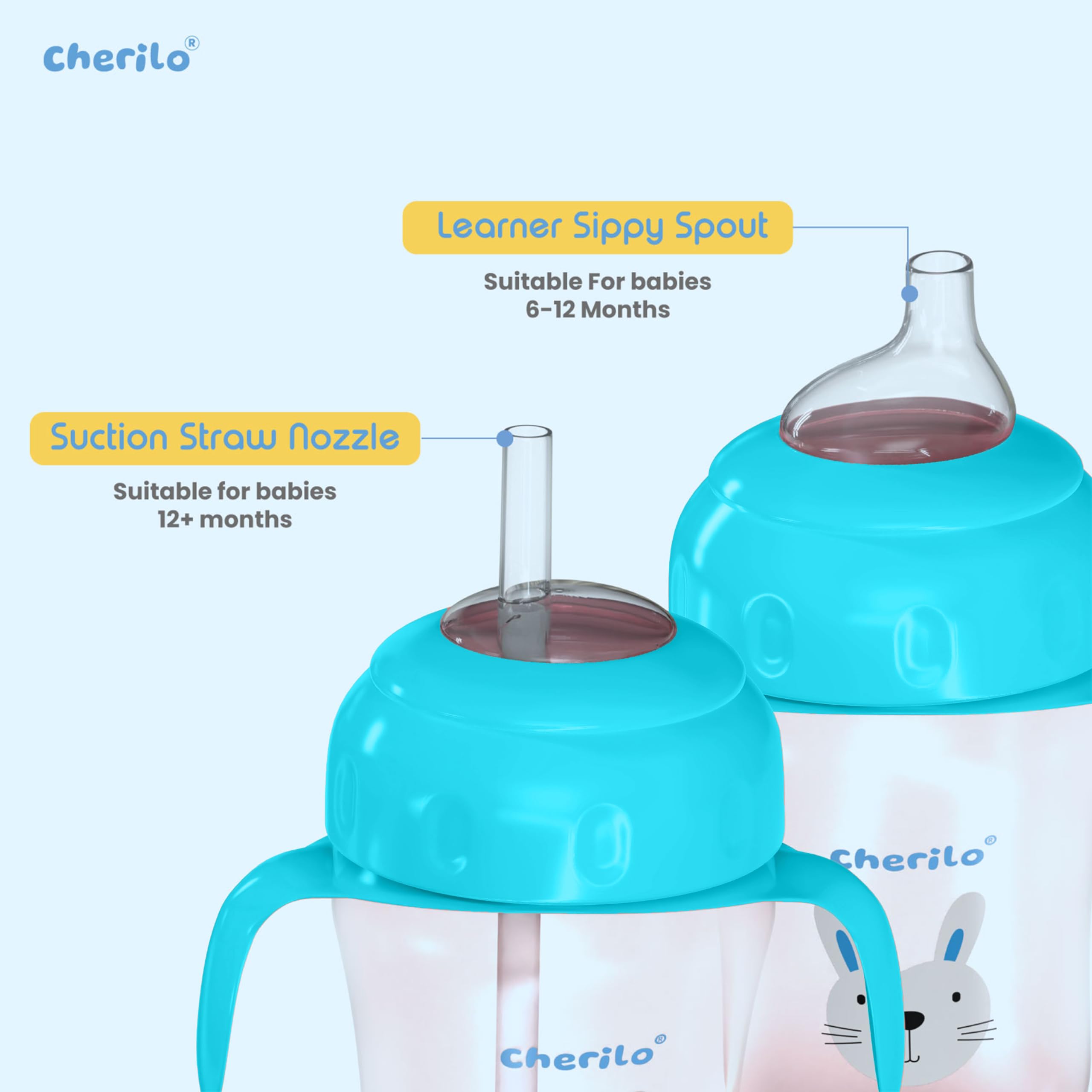 Cherilo Little Bunny Baby Sippy Cup - Leak Proof Training Cup for 6-12 Month Olds - Soft Silicone Spout & Straw with Handles - BPA Free Non-Toxic Baby Water Bottle (210ml, Blue) - Perfect for Daycare, Travel & Learning to Drink Independently