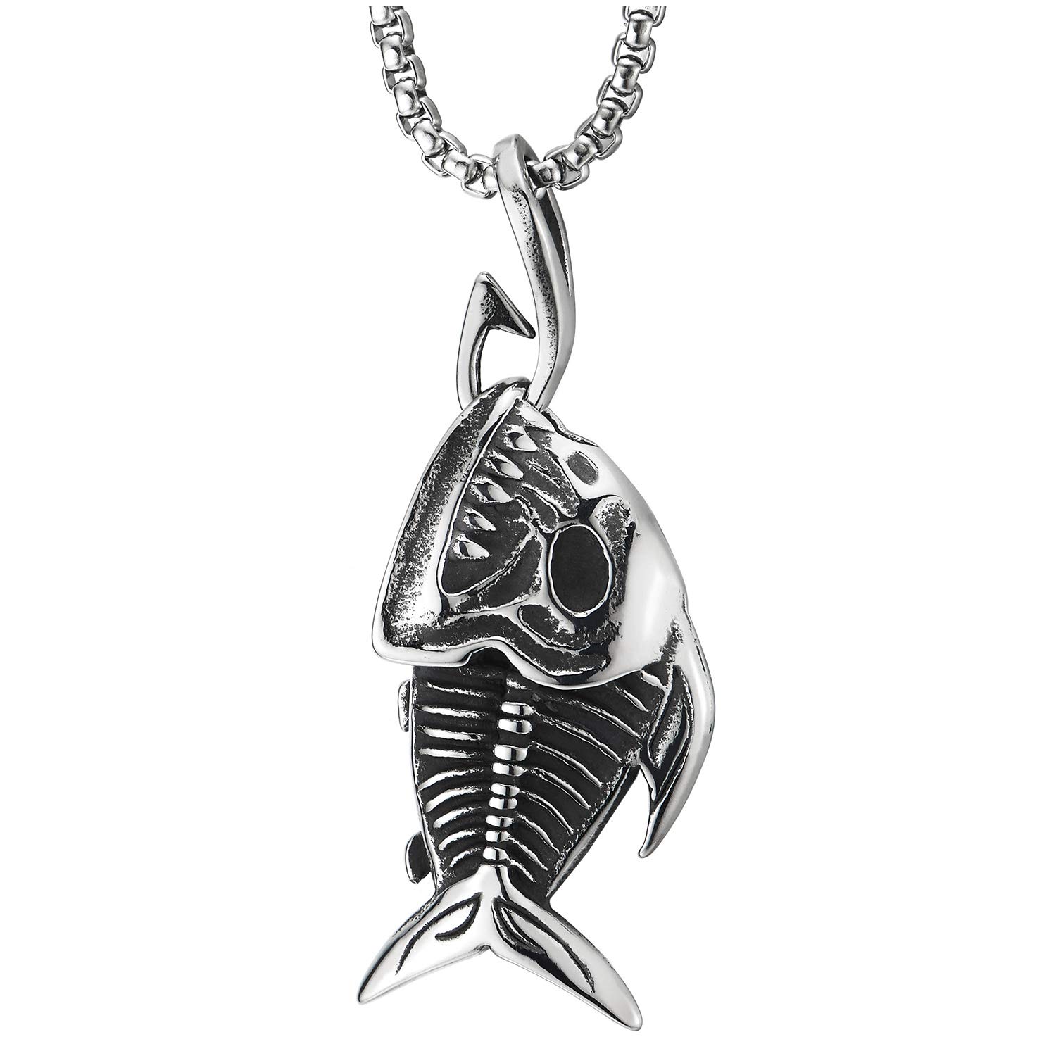 CoolSteelandBeyond Shark Teeth Fish Skeleton Bone Pendant Necklace - 30 Inch Gothic Steel Chain with Wheat Link Design for Men & Women - Perfect for Punk, Gothic, Rock Fashion & Halloween Costume Accessories
