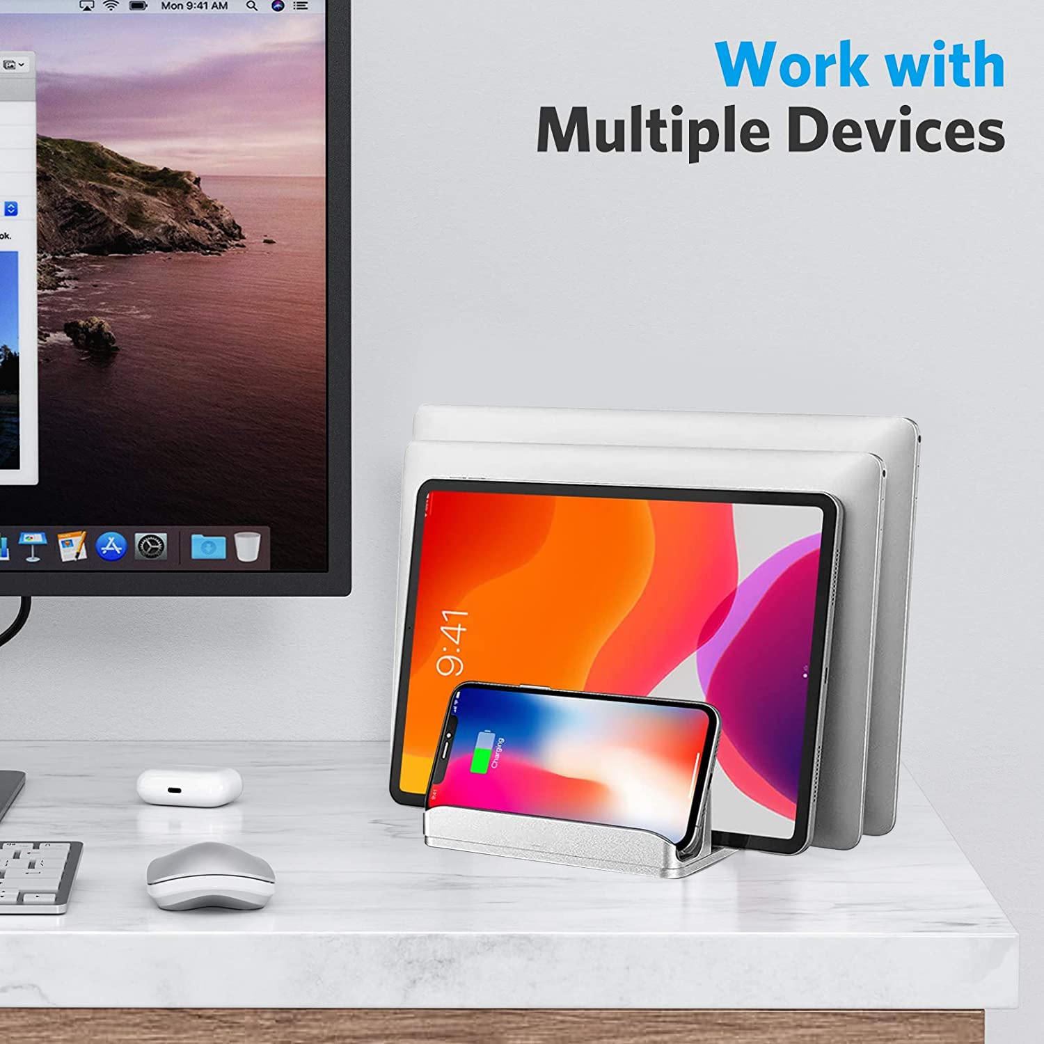 Adjustable 4-Slot Vertical Laptop Stand - Aluminum Desktop Holder for MacBook, PC, Tablet & Phone (Silver) | Space-Saving Office & Home Workspace Organizer