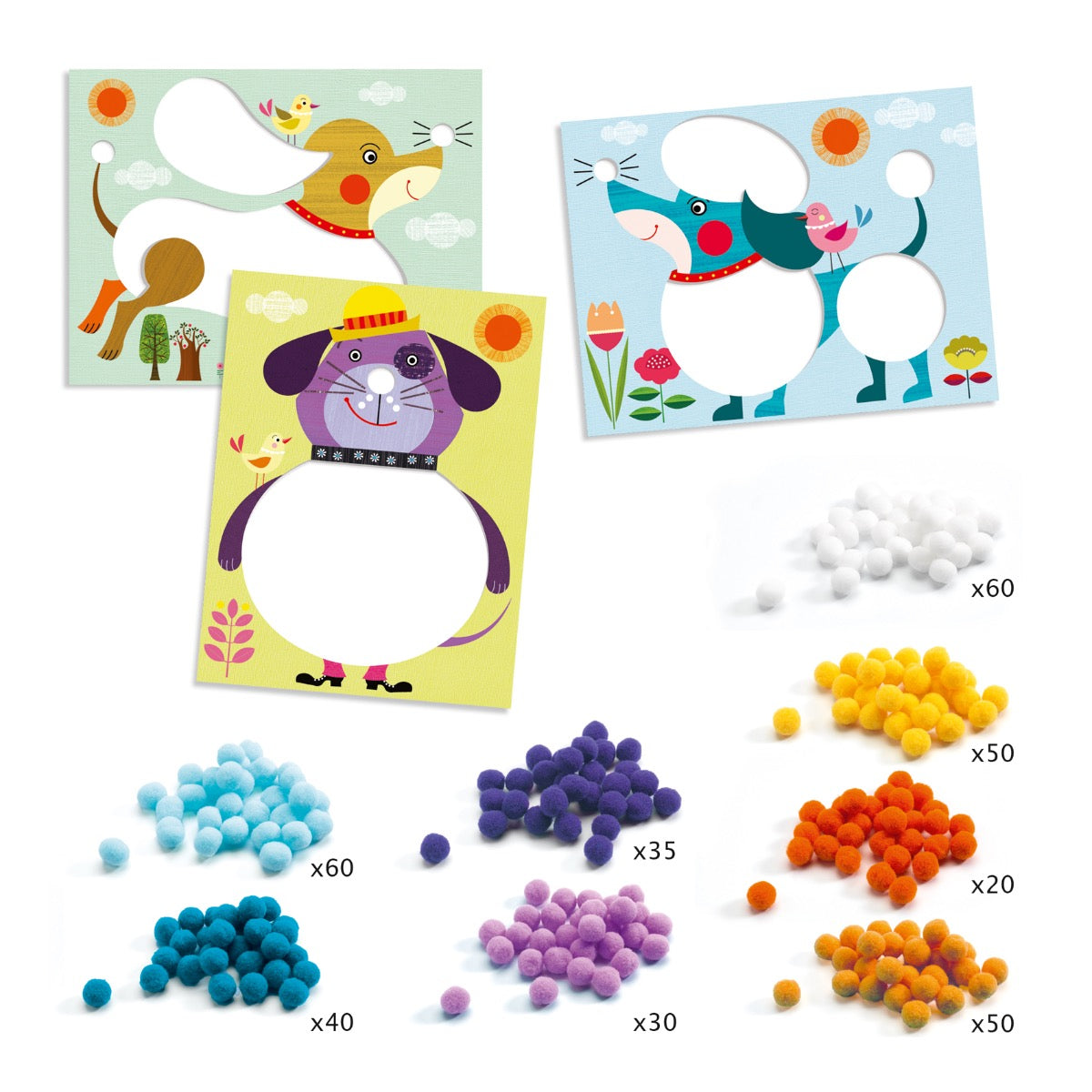 DJECO Pompom Collage Dog Art Kit - Soft Touch Textured Craft for Kids, DIY Home Decor & Sensory Play Activity