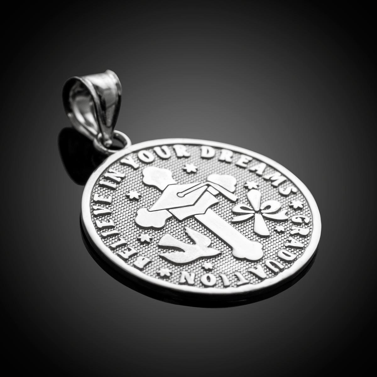 10k White Gold Reversible Graduation Medallion Charm Pendant - Elegant Jewelry Gift for Graduates, Perfect for Necklaces & Bracelets - Ideal for Commencement Ceremonies & Special Occasions
