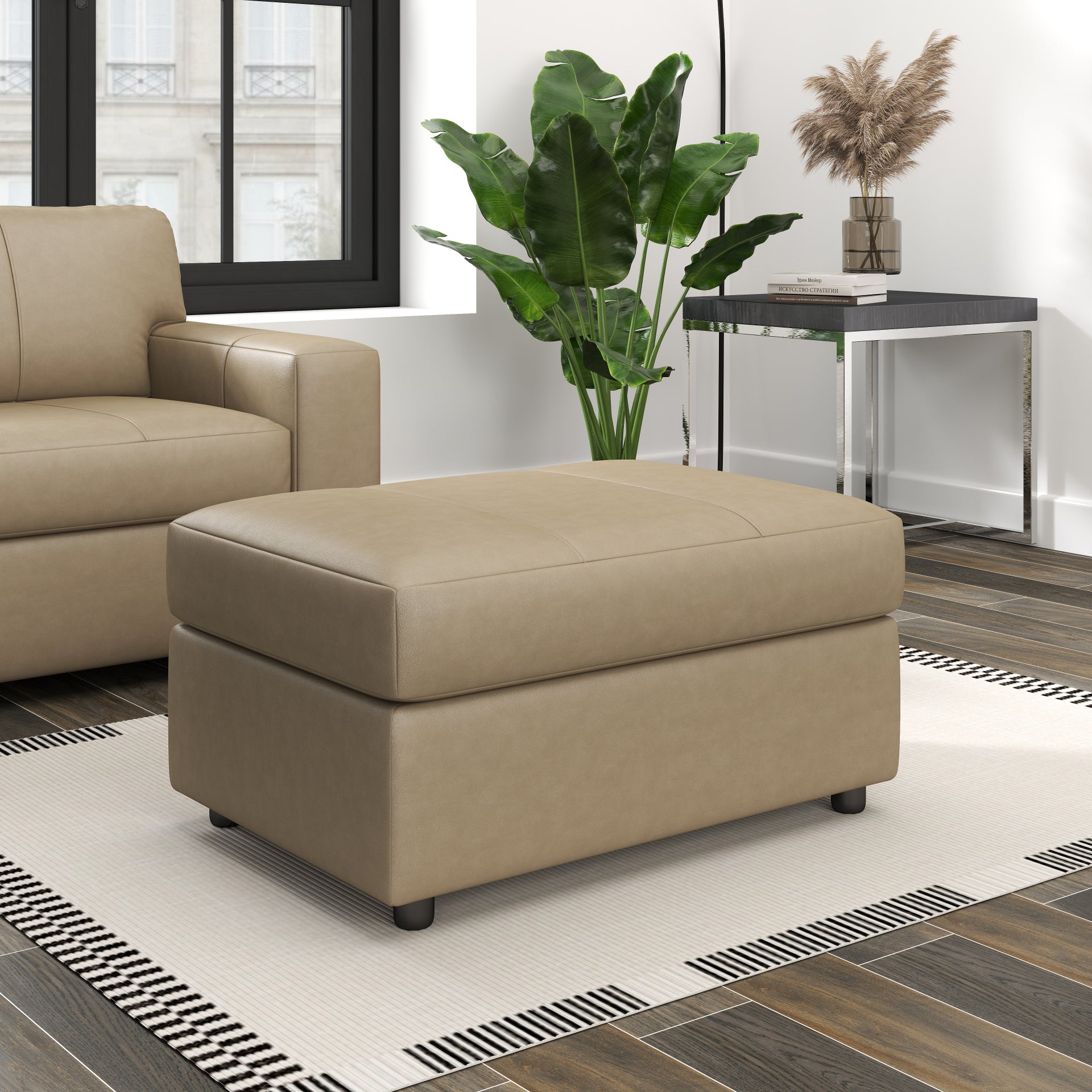 Roundhill Furniture Sakan Leather Upholstered Ottoman - Premium Leather Footrest Stool with Storage for Living Room, Bedroom & Home Decor