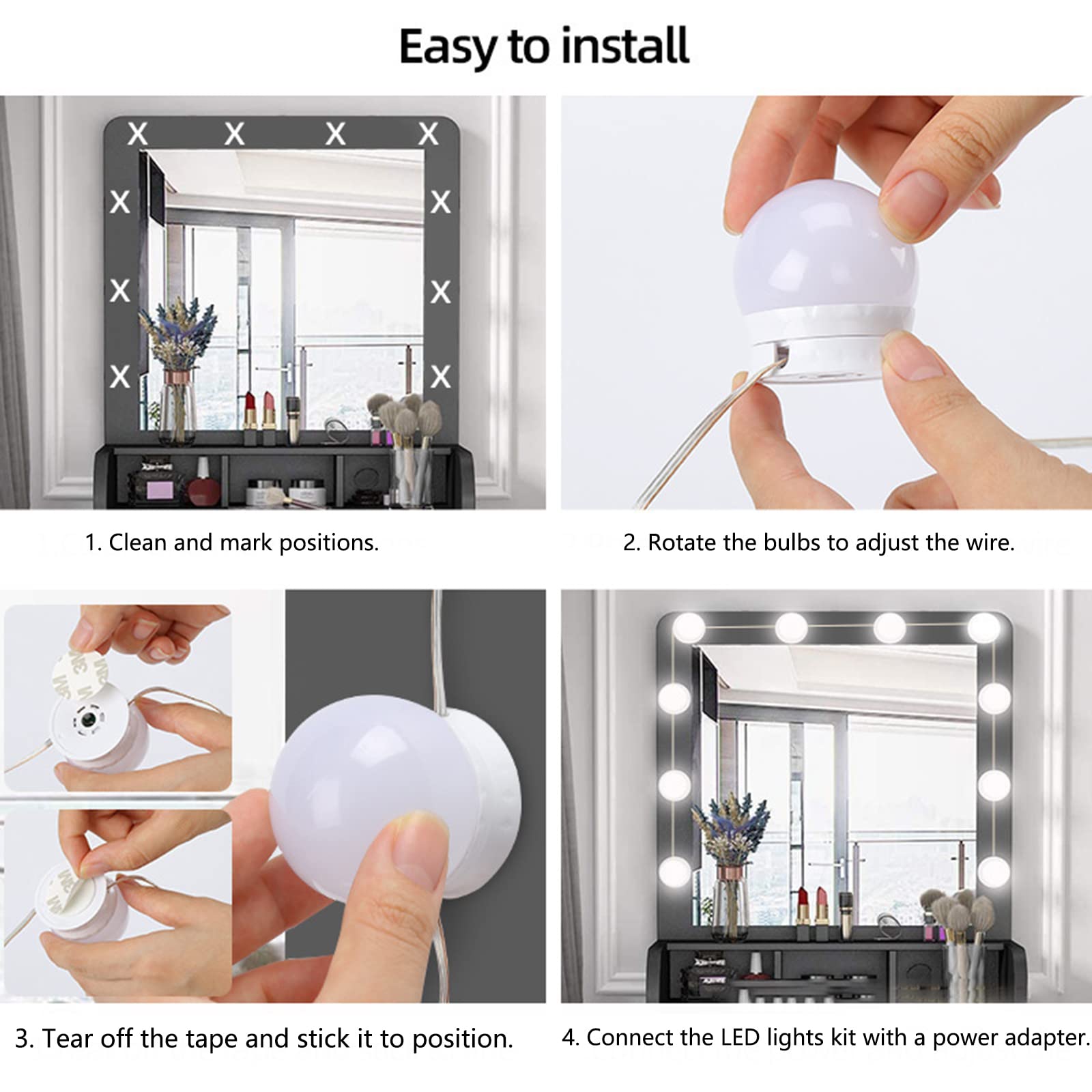 Hollywood Vanity Light Kit - 10 Dimmable LED Bulbs, 3 Color Modes for Bathroom Mirror Lighting
