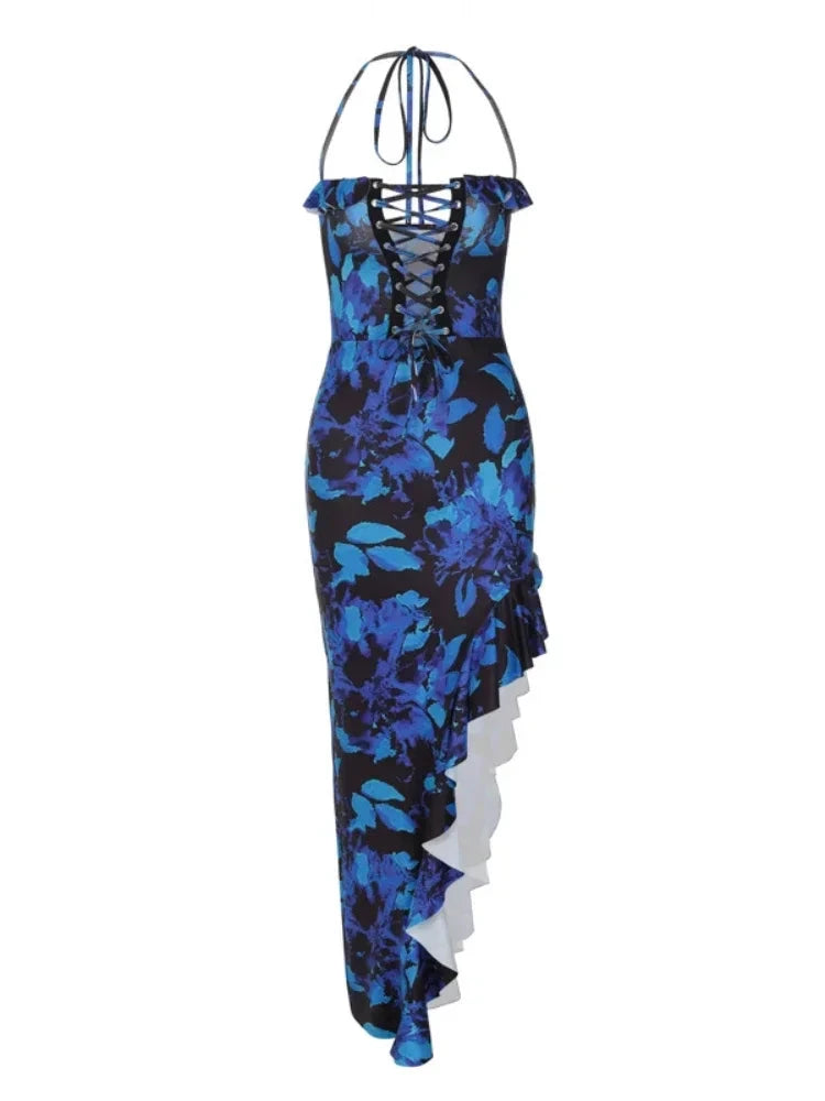 Deep V Ruffle Split Long Dress for Women - Sexy Bandage Party Nightclub Outfit in Blue Print, Perfect for Birthday, Evening Events & Special Occasions