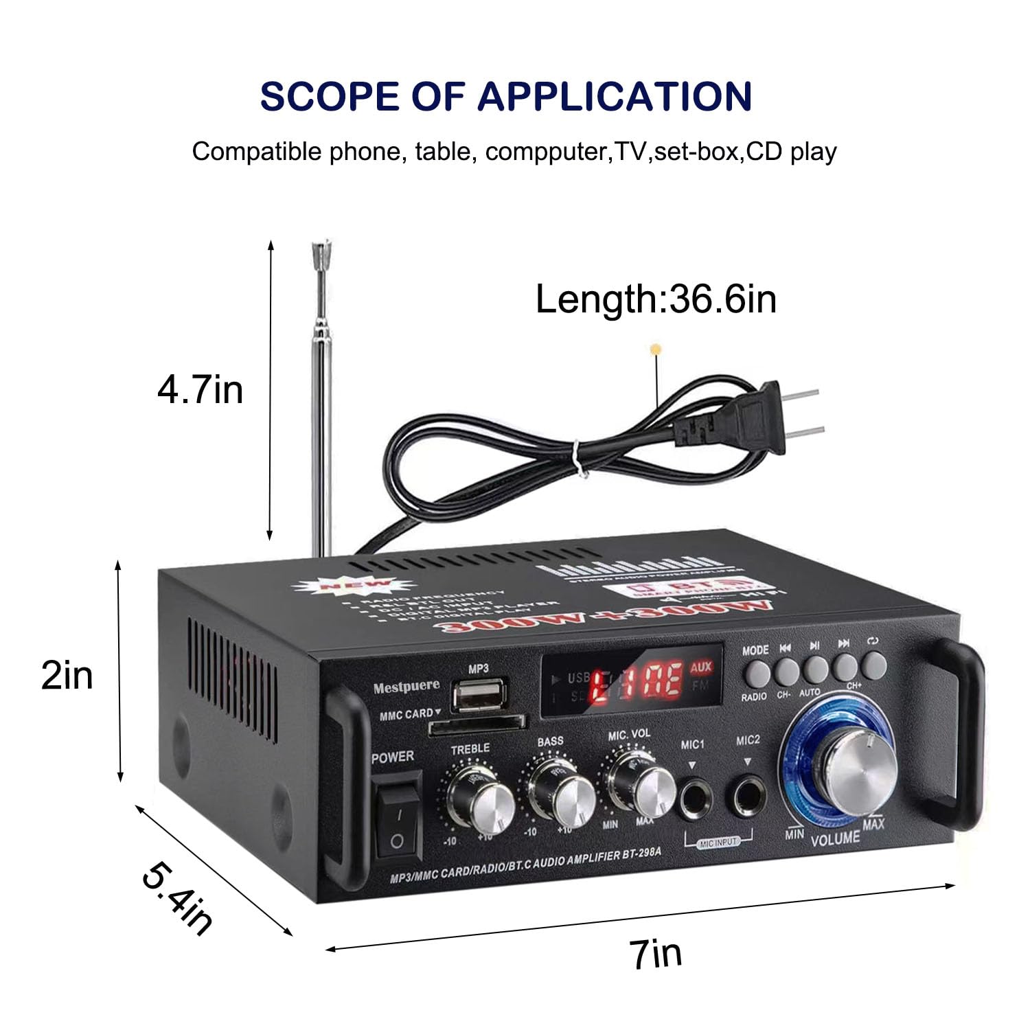Stereo Power Amplifier with Wireless Bluetooth - 300Wx2 Dual Channel Audio Amp, LED Display, USB/SD/RCA/MIC/FM Receiver for Home Theater, Perfect for Living Room and Party Sound Systems