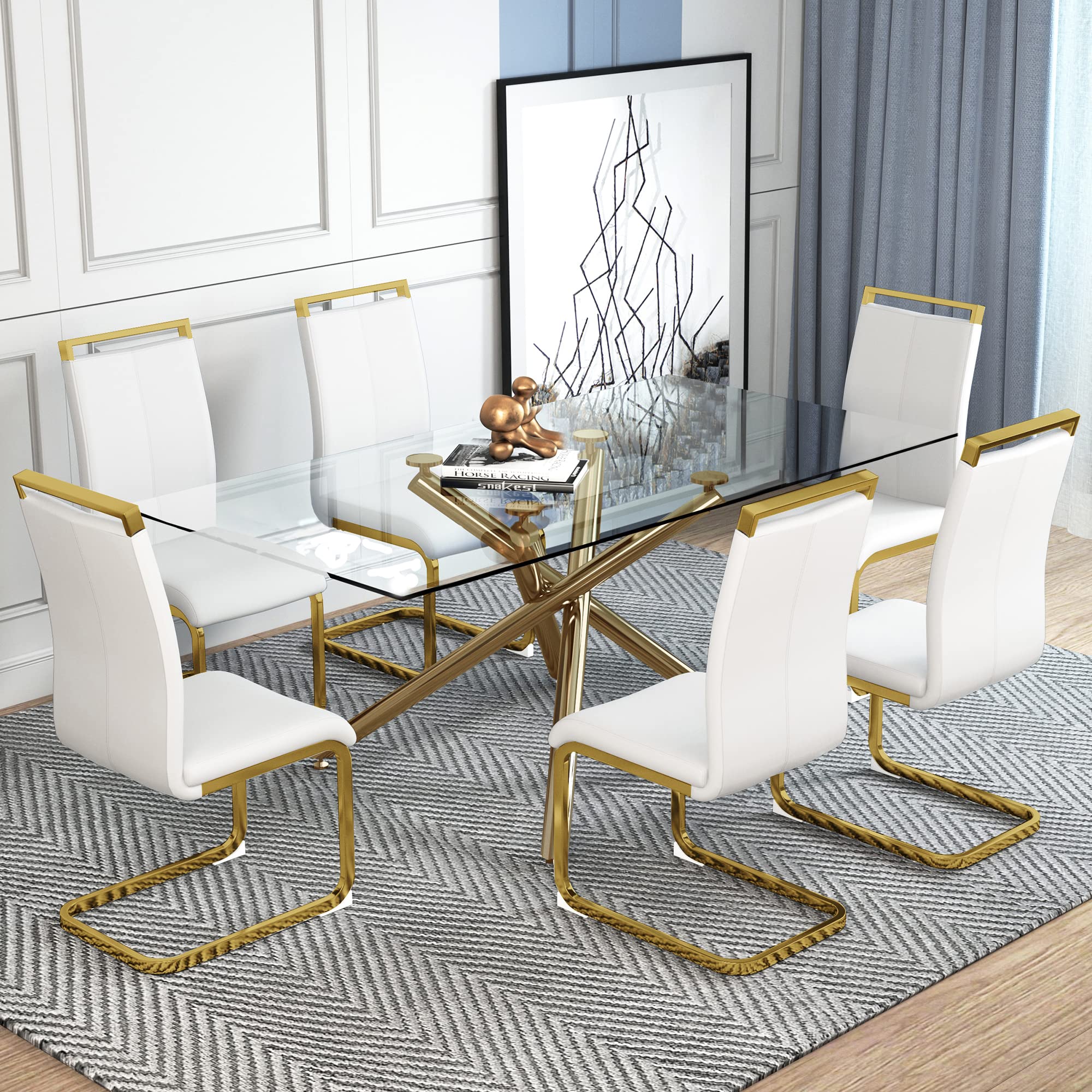 Baysitone Modern Dining Chairs Set of 4 - Gold Legs Faux Leather Padded High Back Chairs for Kitchen, Dining Room & Living Room - Elegant White Seating for Home Decor & Entertaining