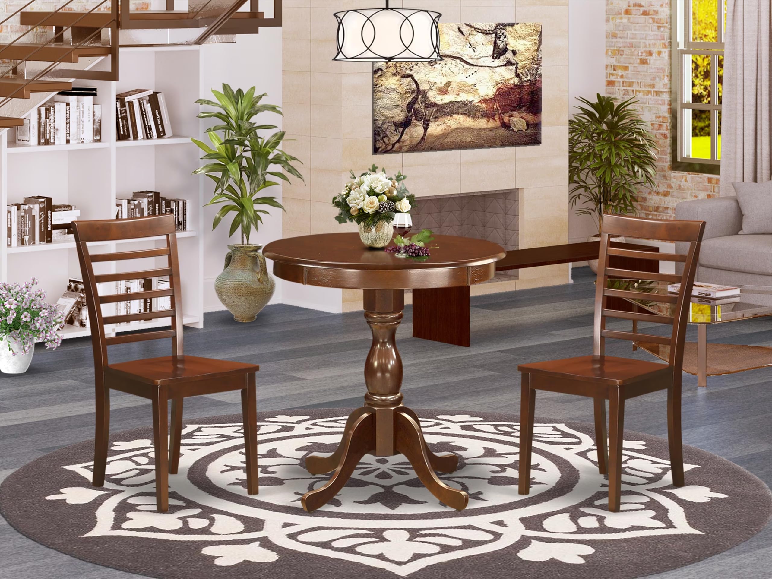 East West Furniture ESML3-MAH-W 3-Piece Mahogany Dining Set with Round Pedestal Table & 2 Wooden Chairs, 30x30 Inch - Perfect for Small Spaces, Breakfast Nooks & Cozy Apartments