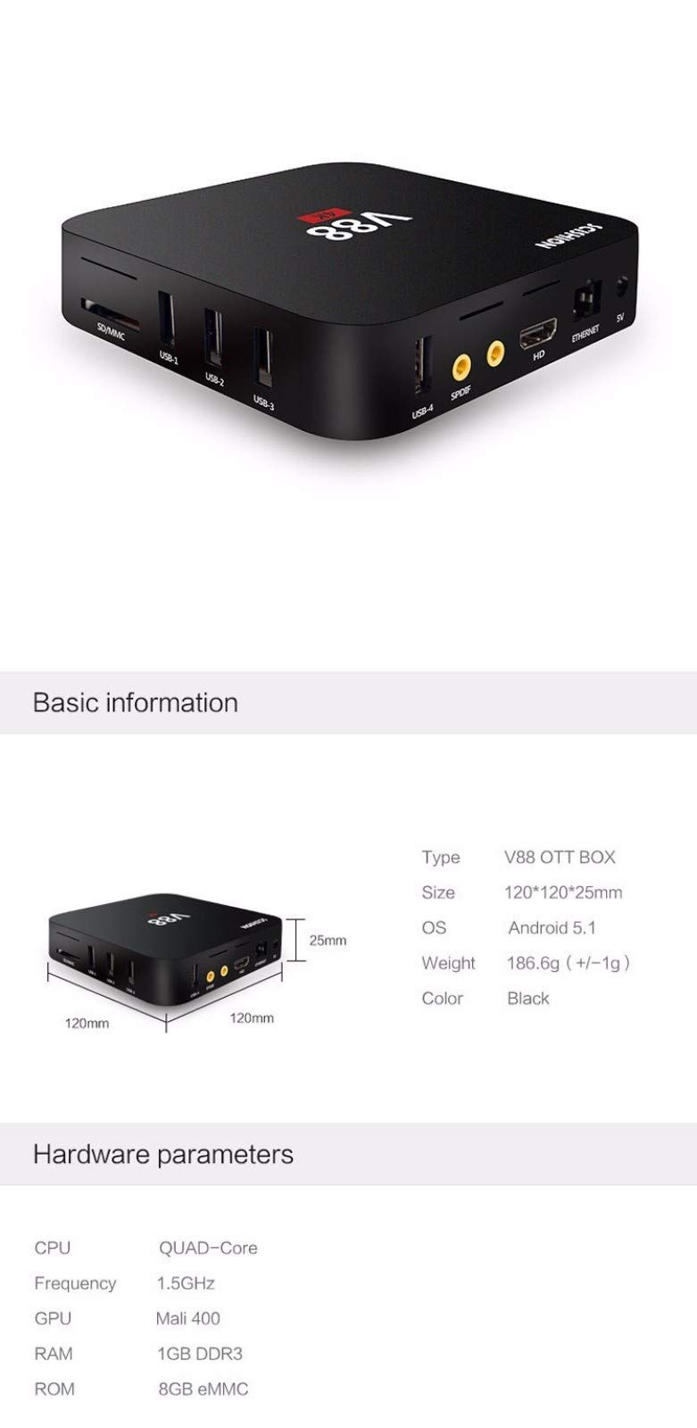 Android TV Box V88 - 4K Ultra HD Smart Media Player with Quad Core Processor, Android 6.0 OS, 8GB Storage, WiFi & HDMI - Perfect for Home Entertainment, Streaming Movies & Online Gaming