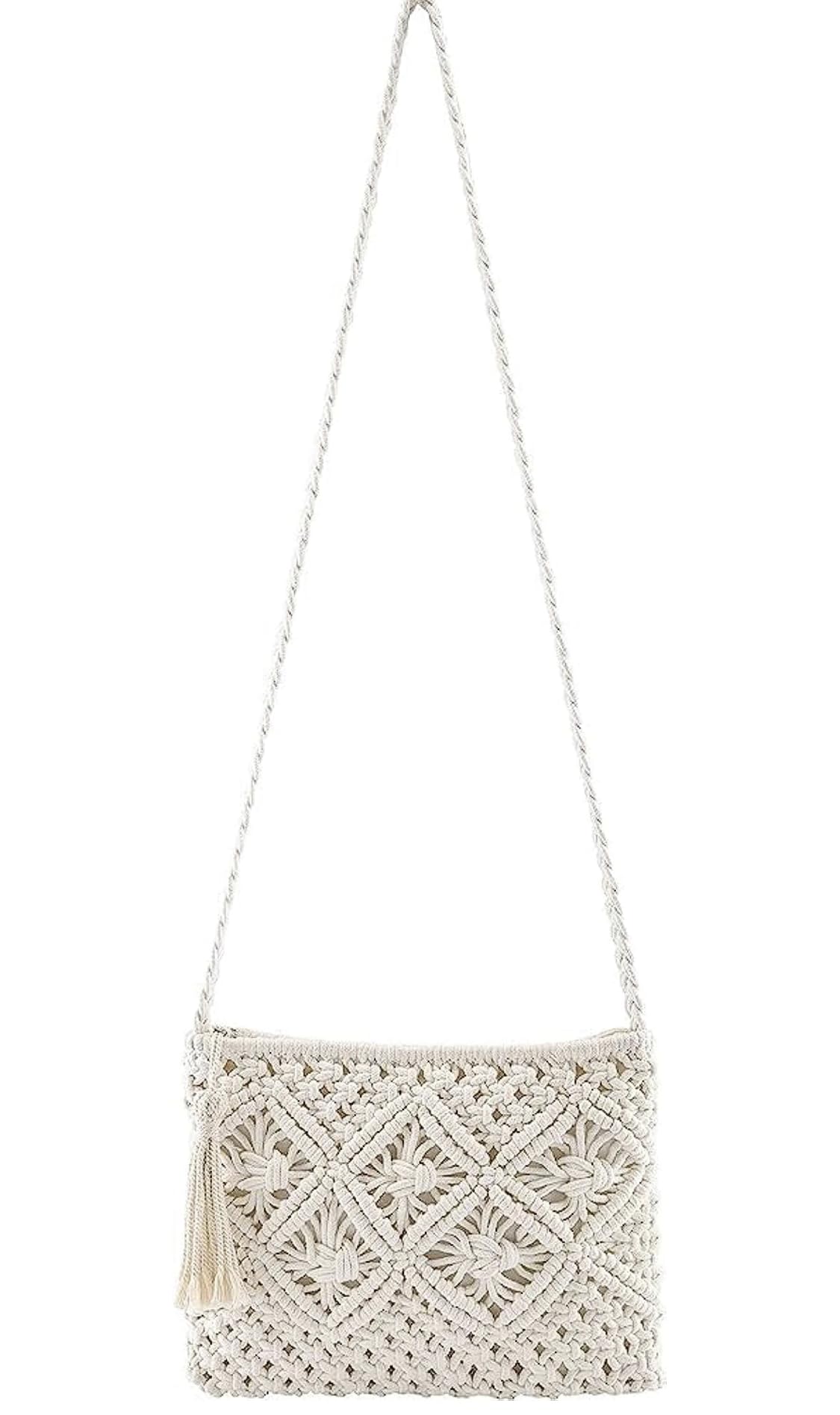 AIZA DECOR Handmade Macrame Crossbody Bag & Tote Bag for Women - Bohemian Purse, Shoulder Bag, Market Bag - Perfect Gift for Her, Off White - Ideal for Beach, Shopping & Casual Outings
