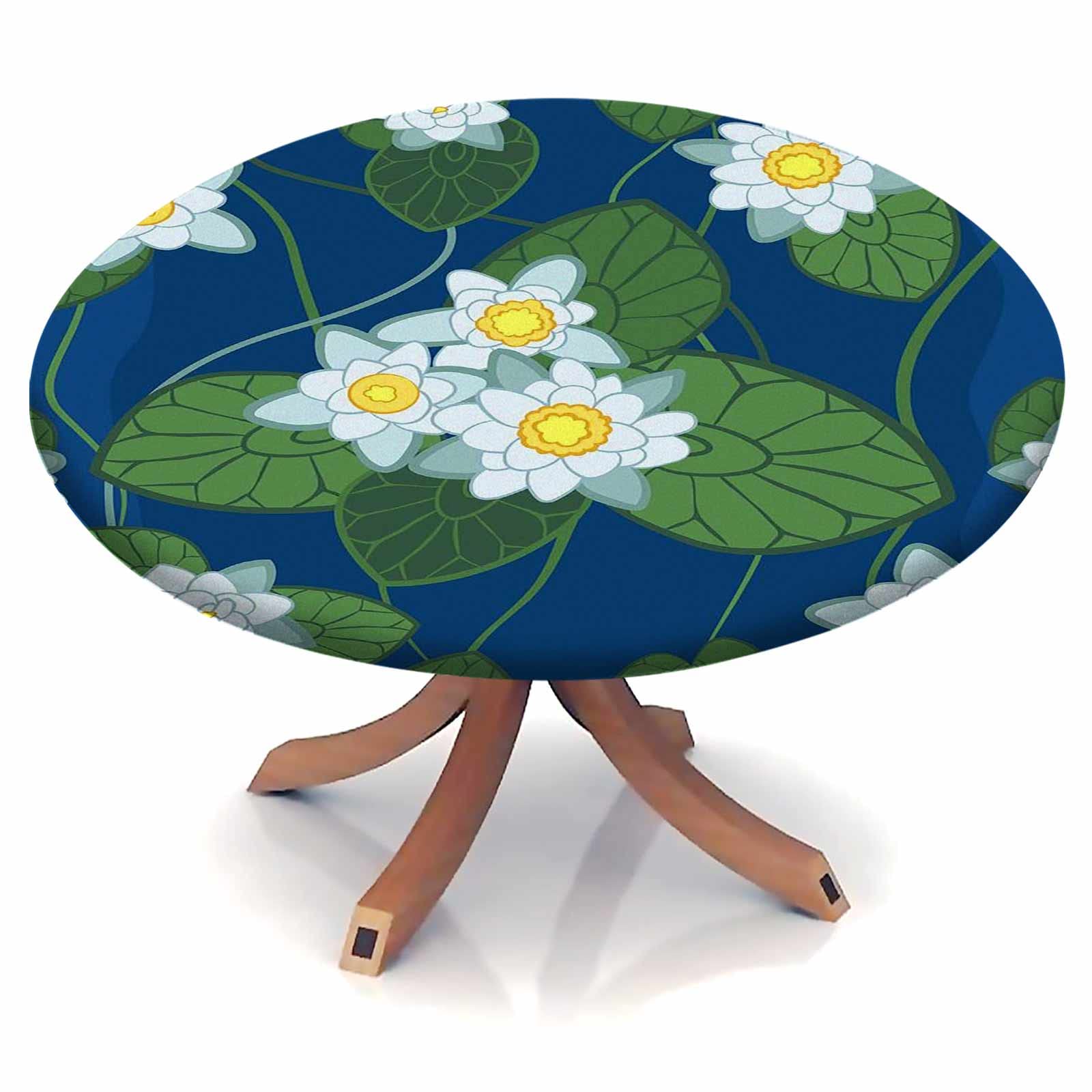 Lotus Elastic Edge Round Tablecloth 60 Inch - Stretchable Fabric Table Cover for Kitchen, Dining, Party & Outdoor Use - Fits 48