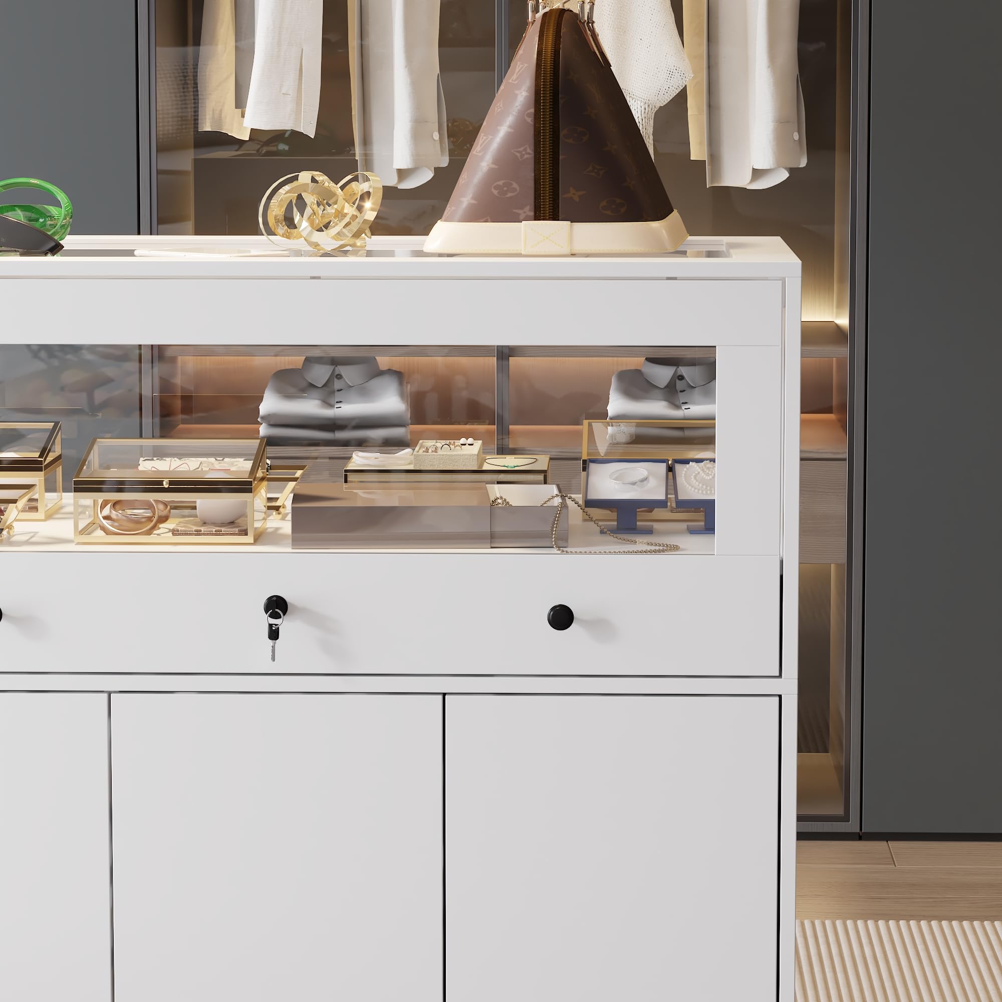 Homsee White Wardrobe Armoire Closet with Lock - Modern Walk-in Closet Island Dresser with Glass Showcase, Drawers & Doors - Bedroom Storage Cabinet for Fitting Room, Retail Shops & Home Organization (Perfect for Small Spaces & Boutique Displays)