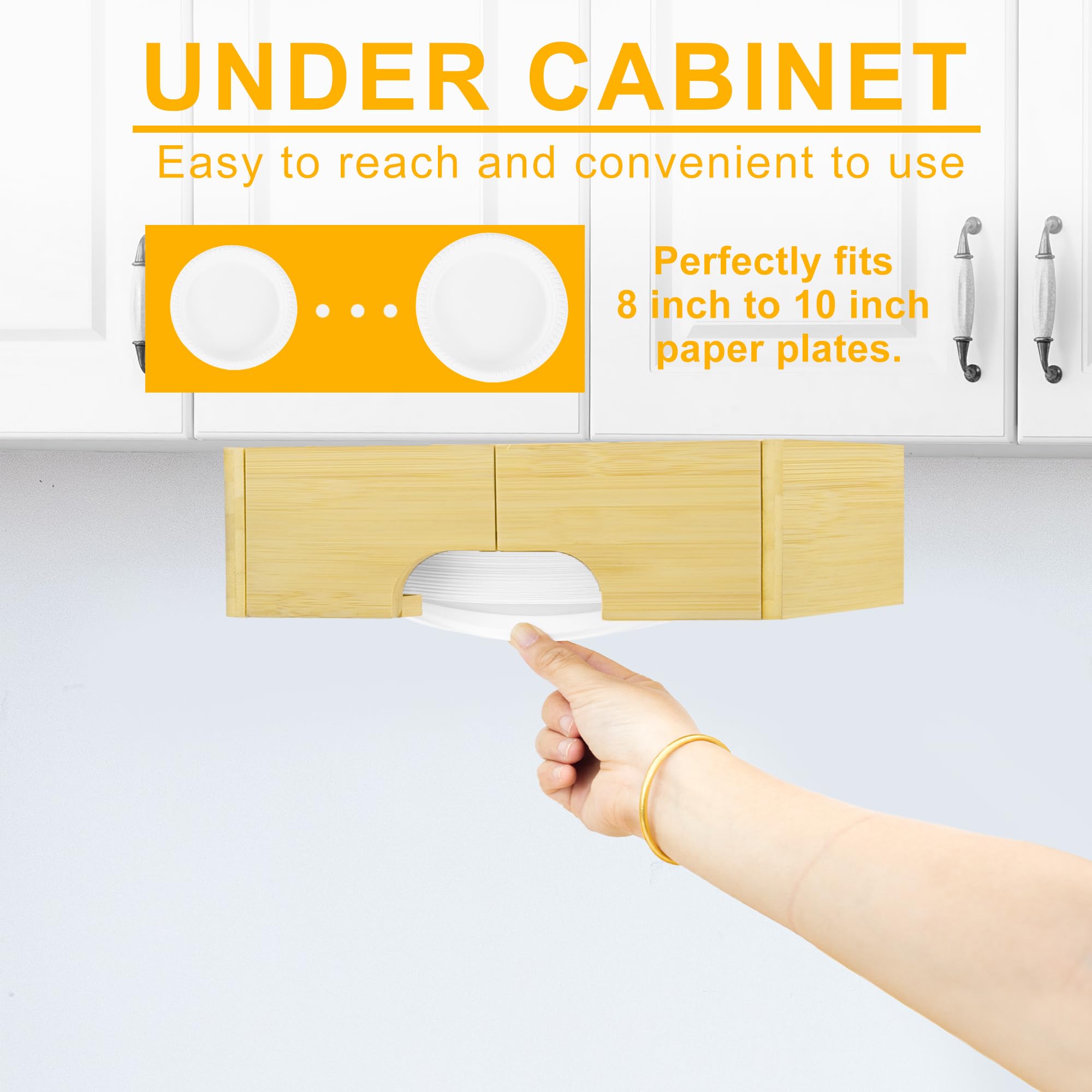 MinBoo 8-10 Inch Adjustable Paper Plate Dispenser - Upgraded Bamboo Under Cabinet Plate Holder for Kitchen Organization | Perfect for Round Plates, Dinner Parties, Picnics & Camping