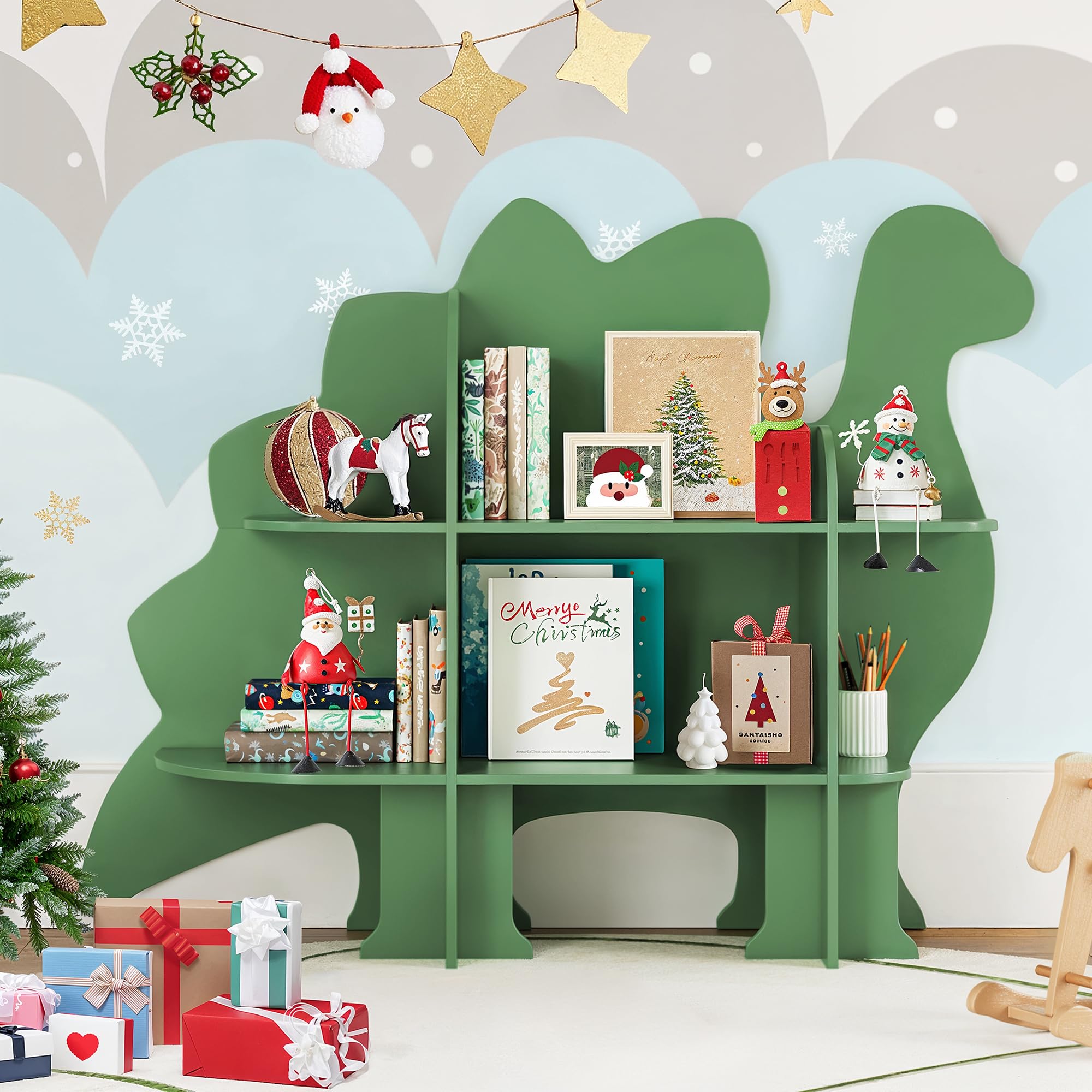 Dinosaur-Themed 2-Tier Wooden Kids Bookshelf - Toy Storage & Book Organizer for Nursery, Bedroom, Playroom - Perfect for Toddler Room Decor & Learning Space Organization