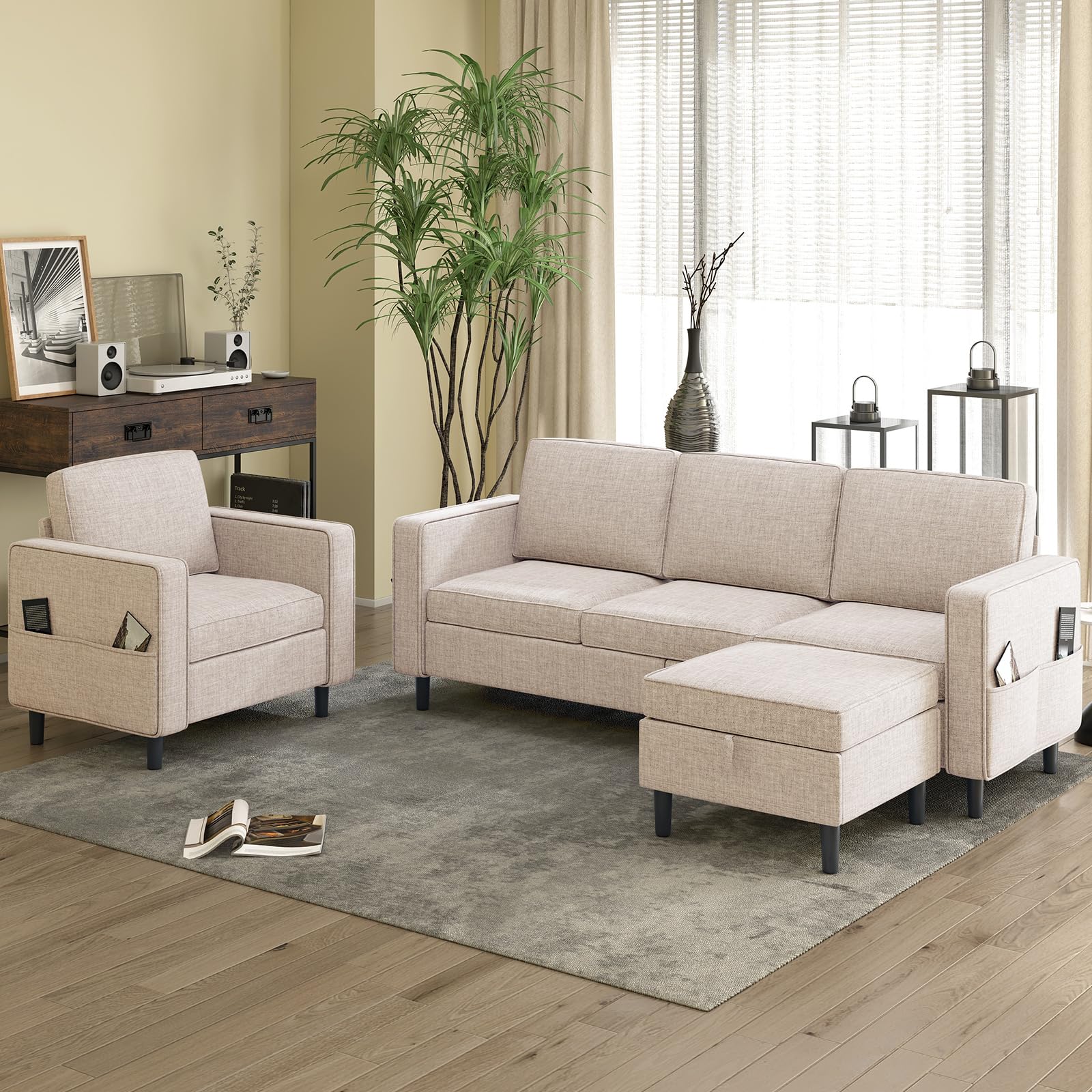 Modern L-Shaped Sectional Sofa with Chaise and Storage - 2-Piece Modular Couch Set for Small Spaces, Living Room, Apartment & Bedroom - Beige Fabric - Perfect for Entertaining Guests or Relaxing in Compact Homes