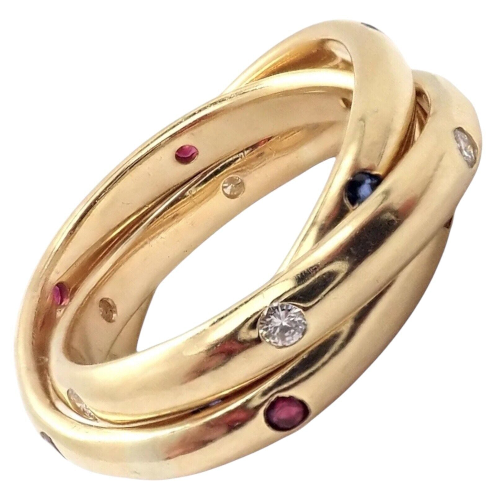 Authentic Cartier 18k Yellow Gold Ruby Sapphire Diamond Trinity Band Ring Vintage 1995 - Luxury Jewelry for Anniversary, Wedding & Special Occasions