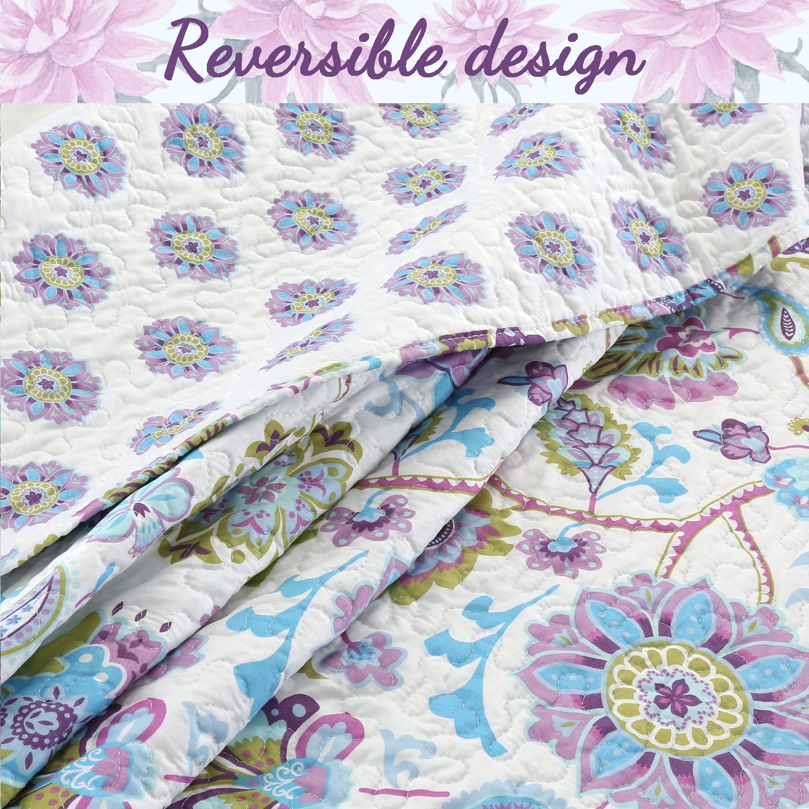 Cozy Line Home Fashions Lilac Lavender Purple Floral Paisley Reversible Quilt Bedding Set - King Size 3-Piece Lightweight All-Season Coverlet Bedspread | Perfect for Master Bedroom, Guest Room & Dorm Decor