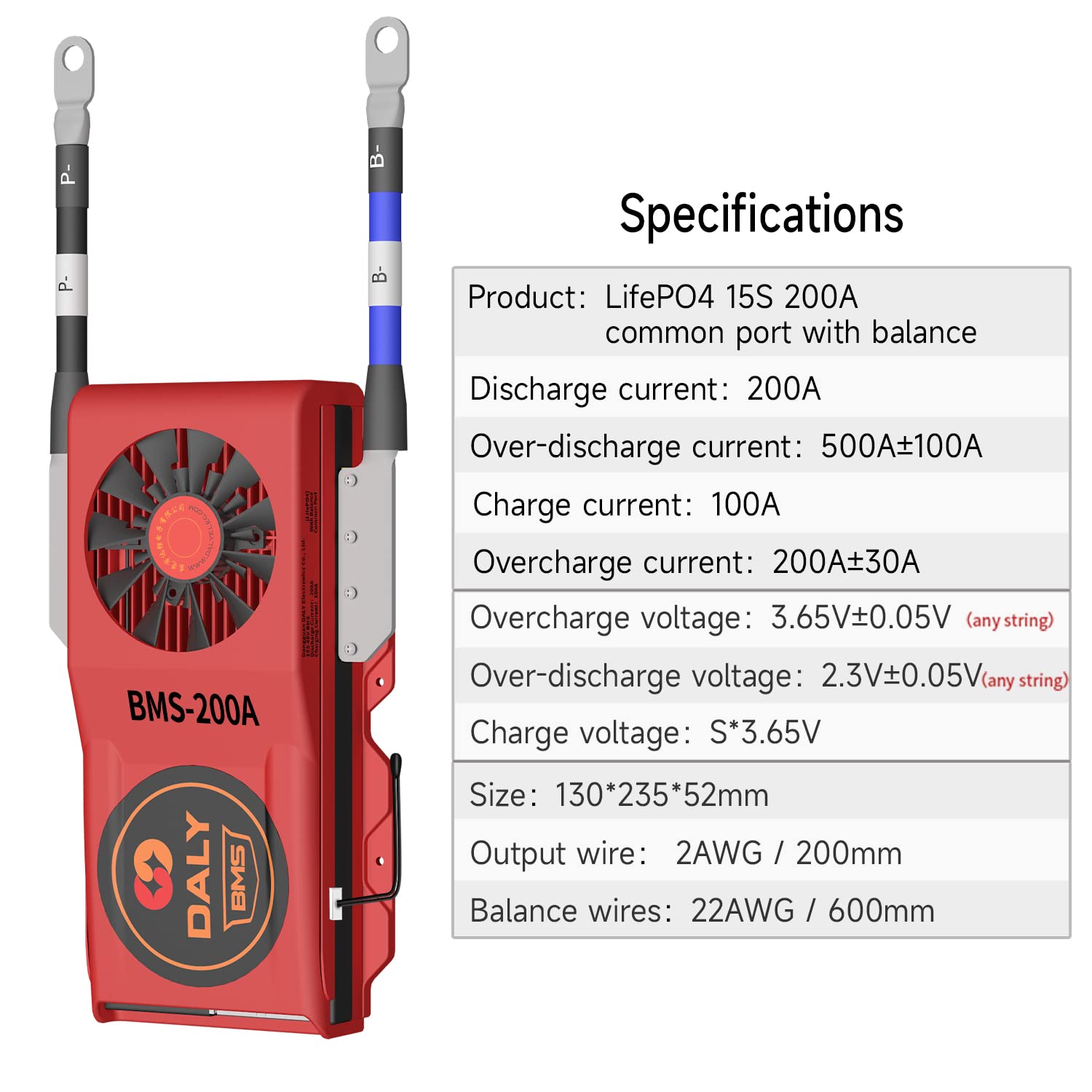 48V 200A DALY BMS for LiFePO4 Battery - 15S PCB Protection Board with Cooling Fan & Balance Wires - Compatible with 18650 3.2V Cells - Perfect for Solar Energy Storage, RV & Marine Battery Packs