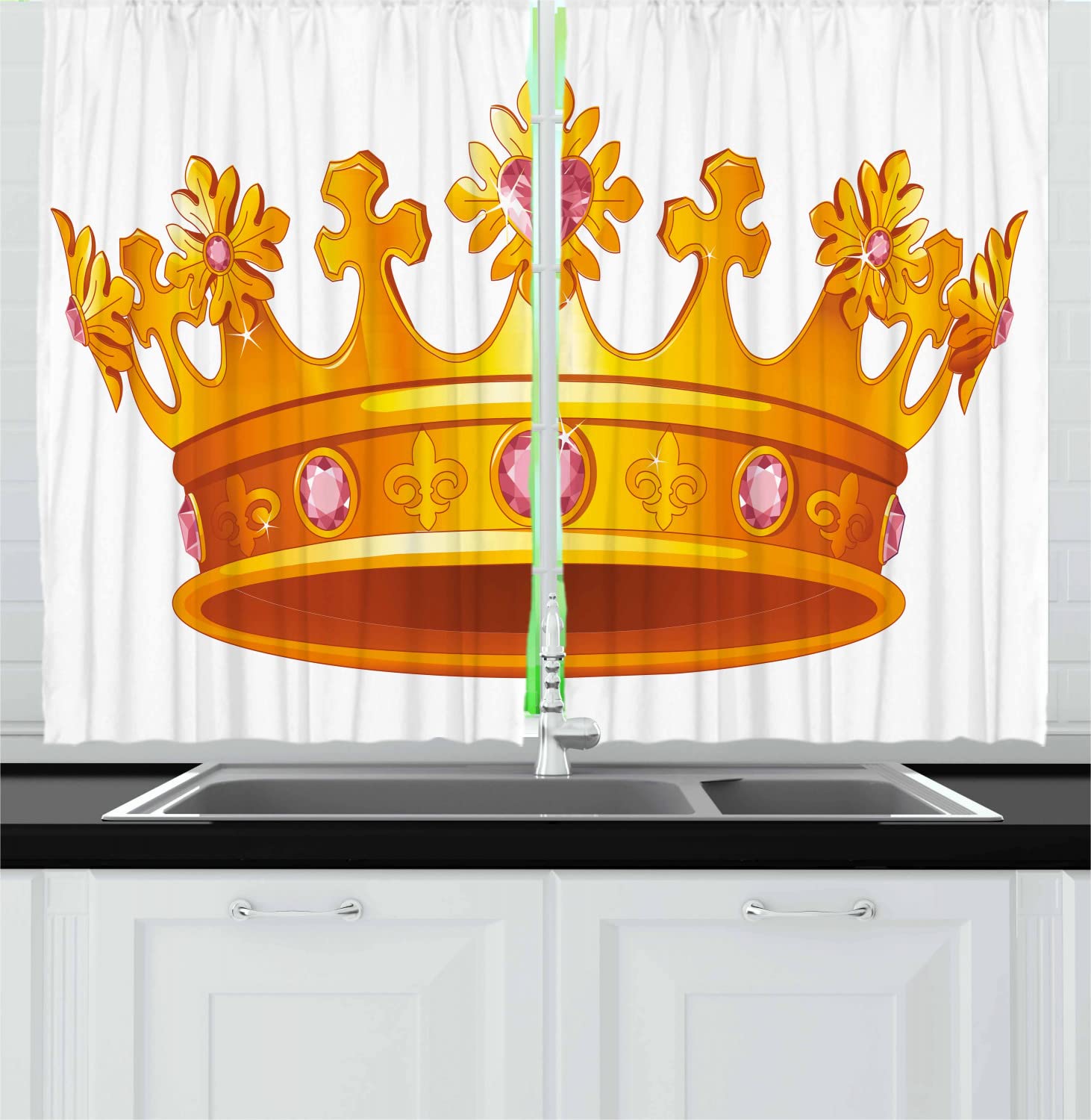 Ambesonne Queen Size Kitchen Curtains - Crown with Pale Pink Gemstone Antique Tiara Nobility Cartoon Design, 2 Panel Rod Pocket Drapes, 55