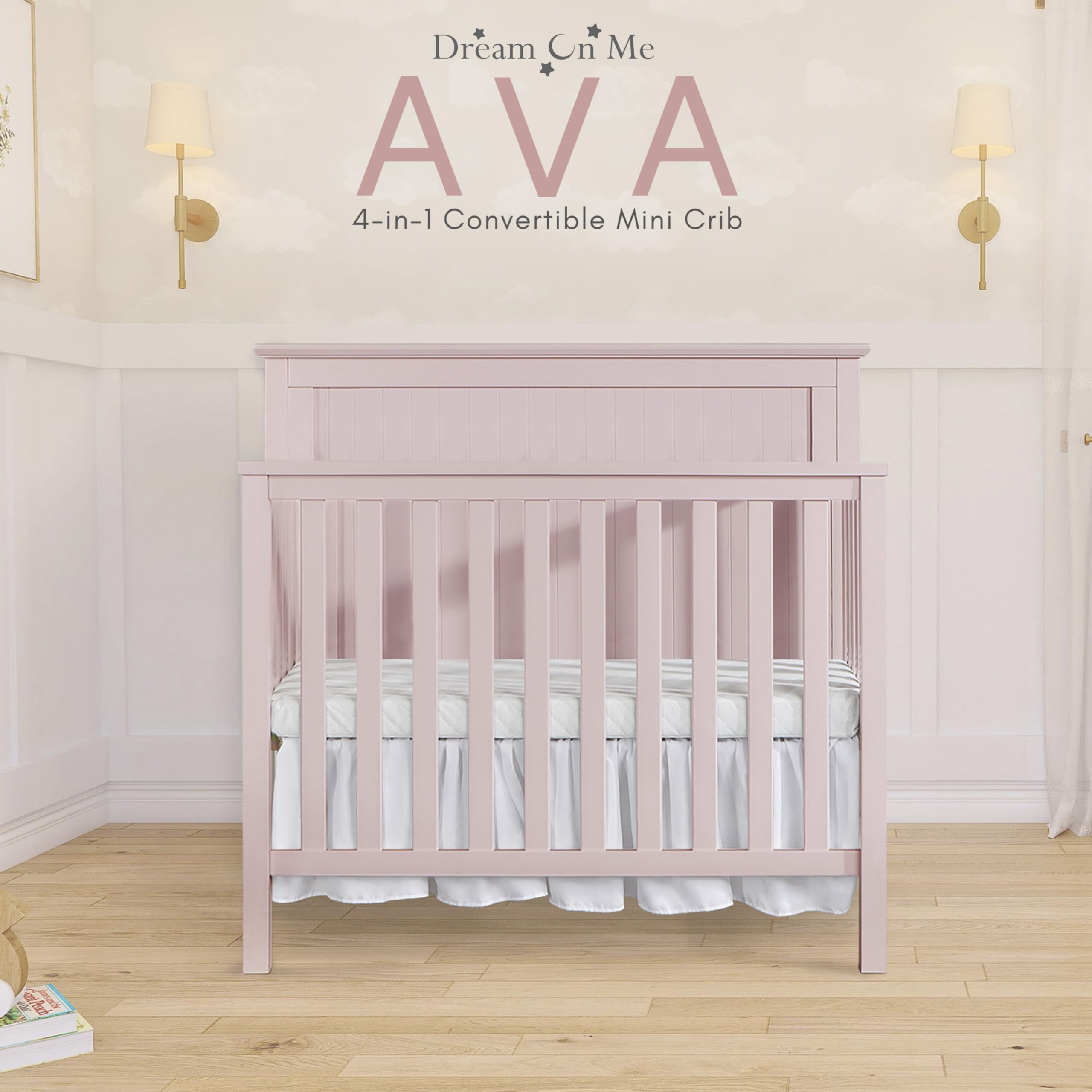 Dream On Me Ava 4-in-1 Convertible Mini Crib - Blush Pink | Greenguard Gold Certified & Non-Toxic Finish | Includes 1
