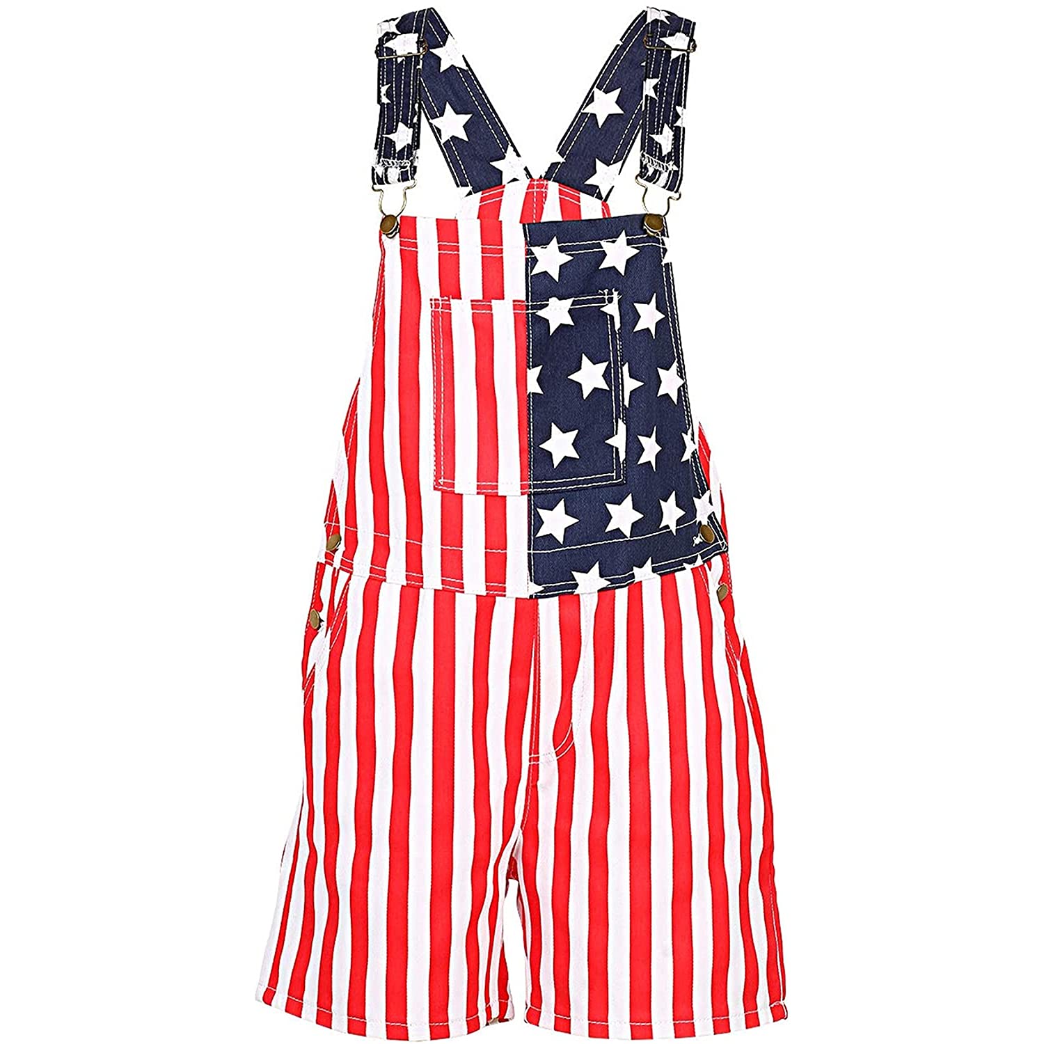 Men's Denim Overalls Shorts - Adjustable Strap Bib Romper with USA Flag Print & Pockets (Red, X-Large) - Perfect for Summer BBQ, 4th of July Parties & Casual Outings