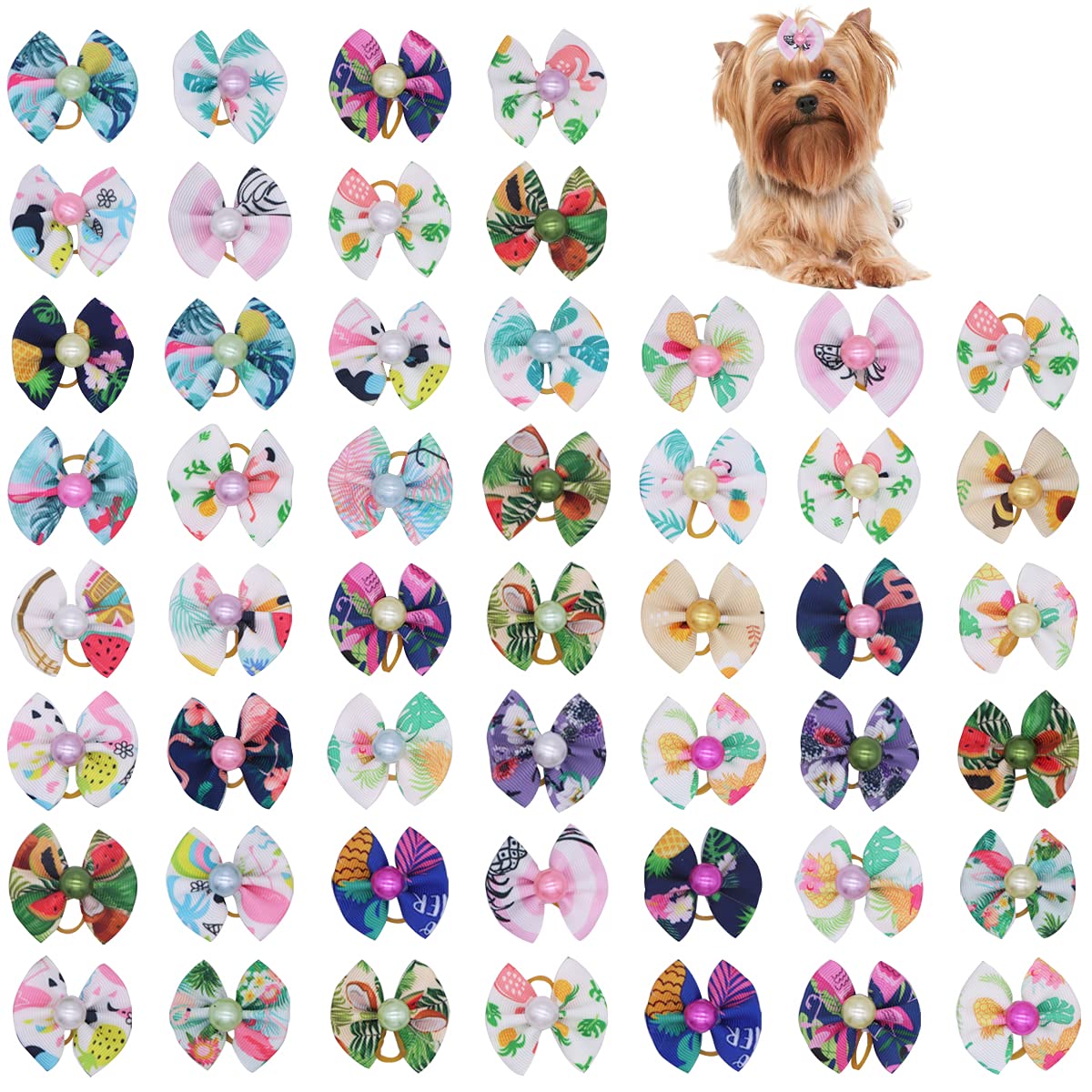 50 Pcs Pet Hair Bows with Rubber Bands - Dog Accessories for Holidays & Parties (Mixed Colors)