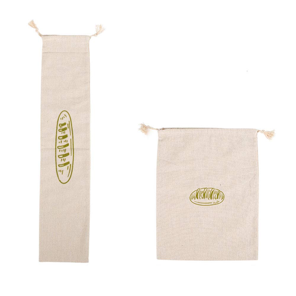GWOKWAI 4 Pack Natural Linen Bread Bags - Reusable Large Unbleached Drawstring Bread Storage Bags for Homemade Bread, Baguettes & Pastries (Bonus Wine Canvas Bag Included) | Eco-Friendly Food Storage Solution for Kitchen, Picnics & Gifts