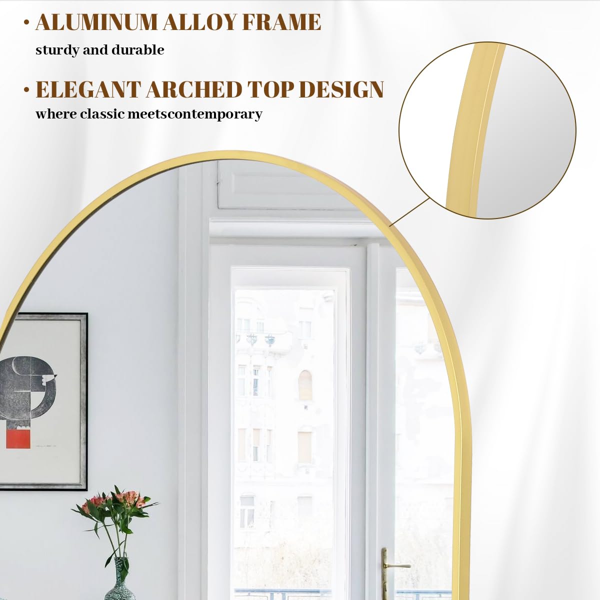Koonmi 64x21 Inch Arched Gold Full Length Mirror - Aluminum Alloy Frame Standing, Hanging or Leaning Full Body Mirror for Living Room, Bedroom, Dressing Room & Entryway Decor