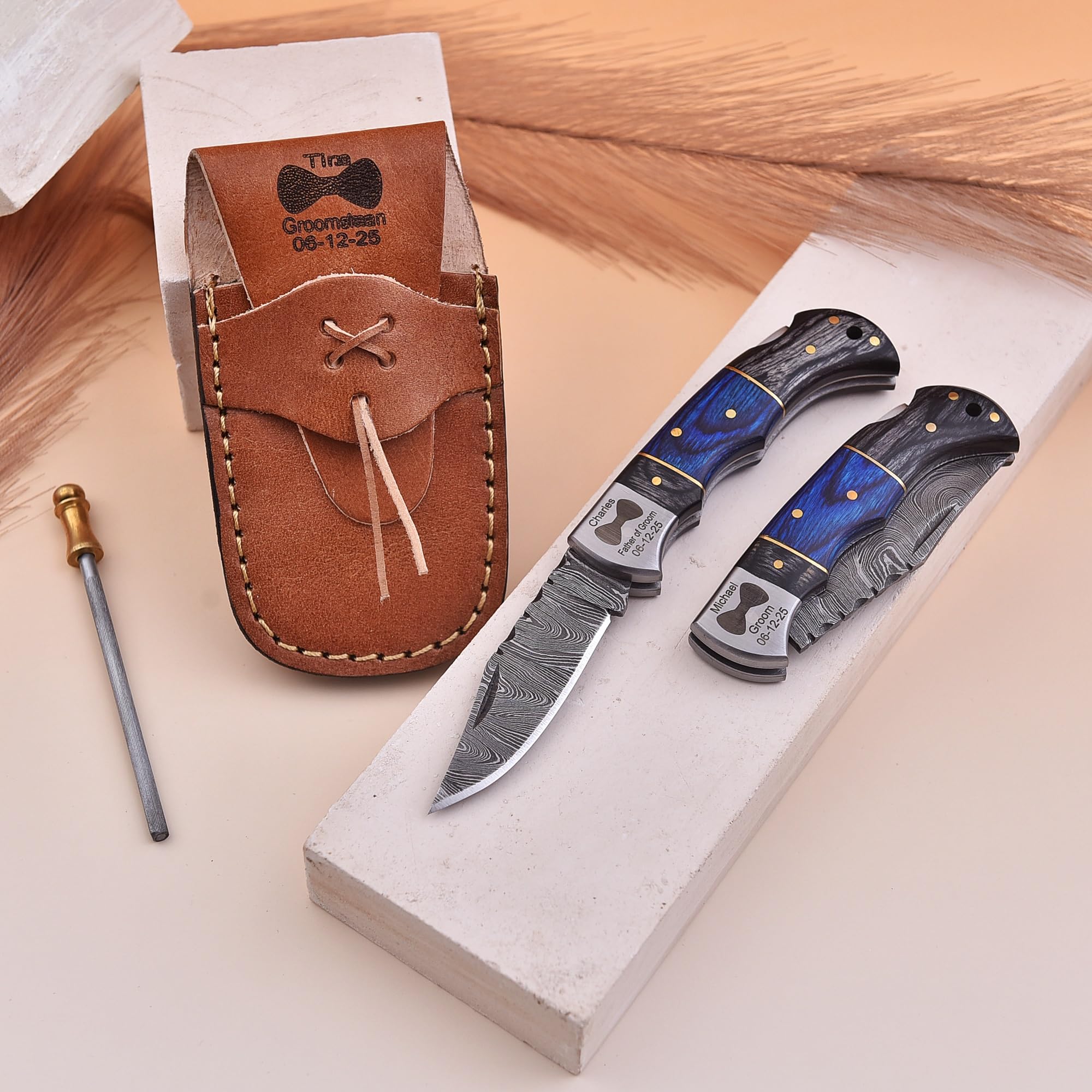 6-Piece Personalized Damascus Steel Pocket Knife Set with Leather Sheaths - Custom Engraved Groomsmen Gifts for Weddings, Proposals & Special Occasions - Perfect for Outdoor Adventures, Camping & Everyday Carry