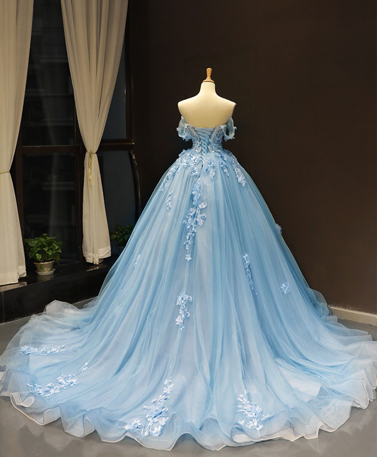 Elegant Blue Off-Shoulder Tulle Lace Long Prom Dress - Formal Ball Gown Evening Dress for Homecoming, Wedding, Party & Special Occasions