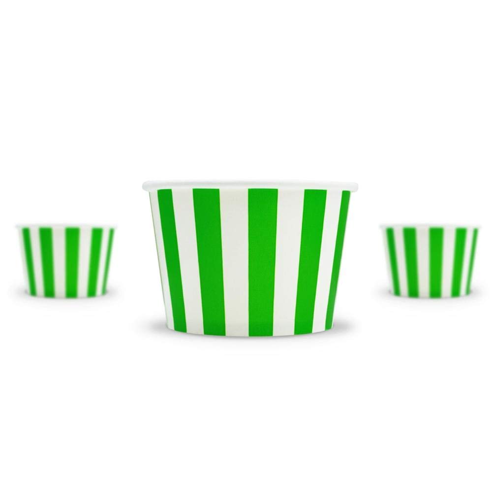 UNIQ 1000-Count 8 oz Green Striped Paper Ice Cream Cups | Disposable Dessert Containers for Ice Cream, Gelato, Frozen Yogurt | Eco-Friendly Party Supplies for Birthday, Wedding, Catering Events