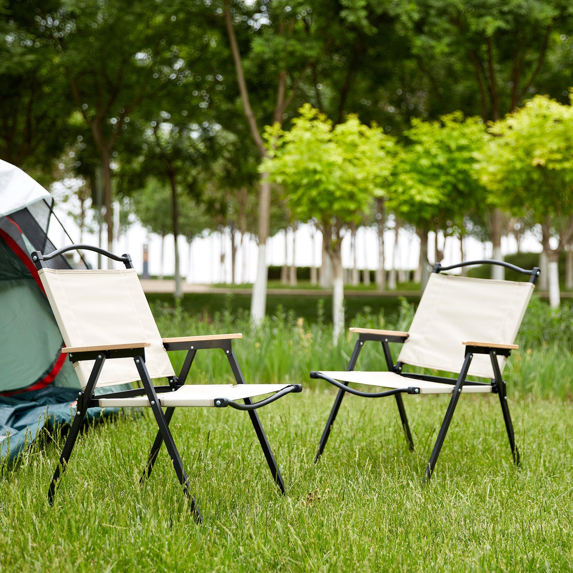 2-Piece Folding Outdoor Chairs Set - Portable Camping Chairs for Indoor, Outdoor, Beach, Picnics, Backyard, BBQ & Patio - Lightweight & Durable Beige Lounge Chairs for Travel, Parties and Relaxation