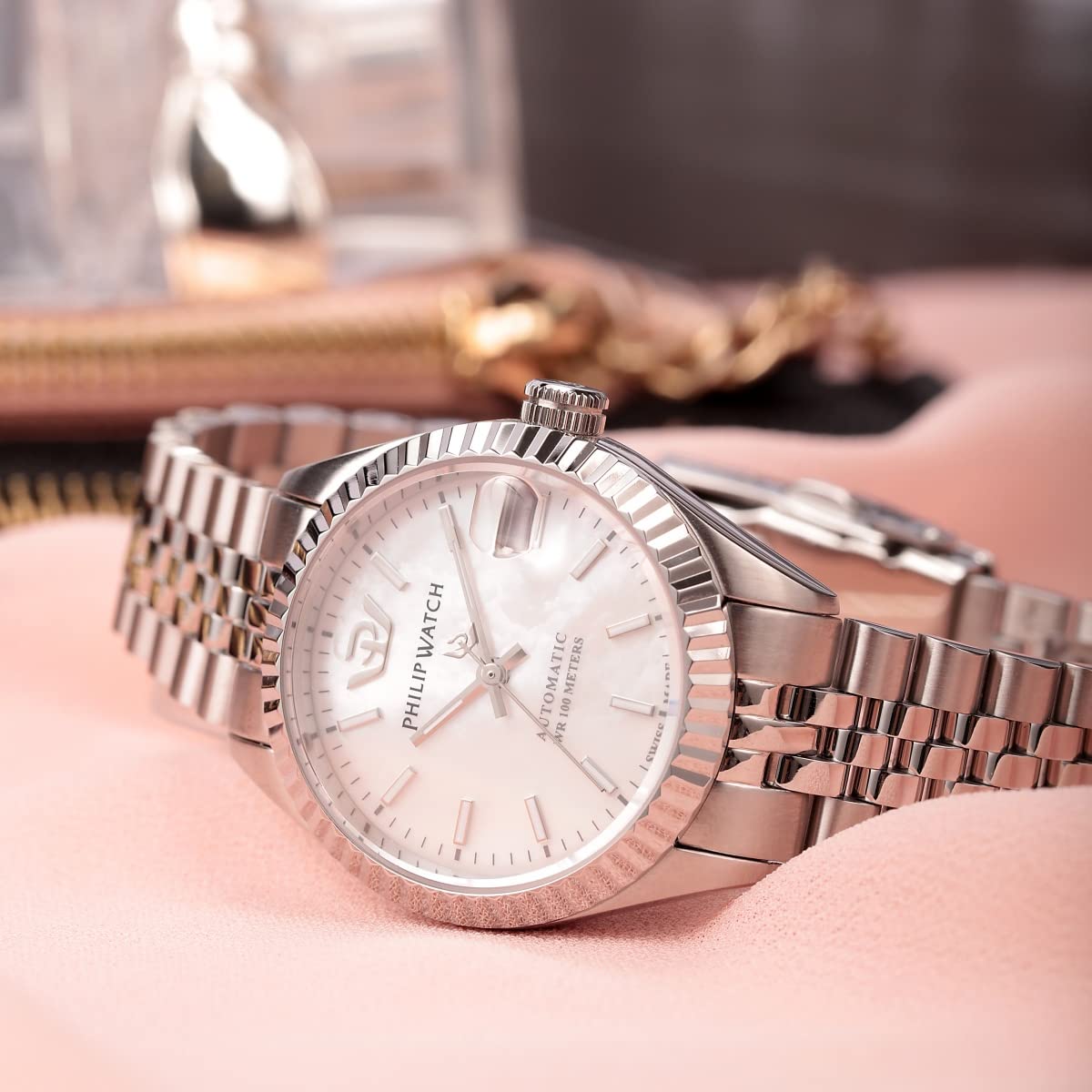 CARIBE 33MM Automatic Watch - White Mother of Pearl Dial - Stainless Steel Bracelet - Luxury Dress Watch for Women - Perfect for Office, Parties & Special Occasions