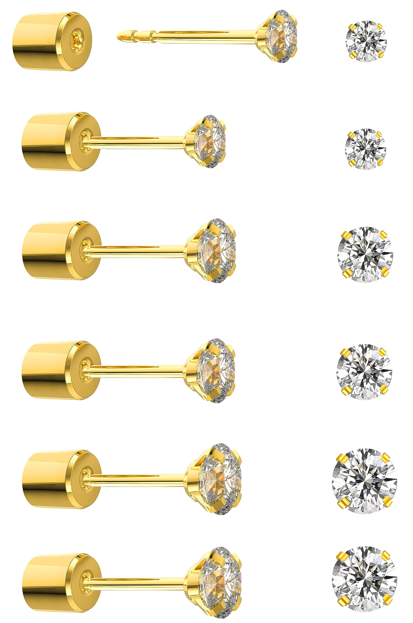 5-6 Pairs Hypoallergenic Surgical Stainless Steel Cubic Zirconia Stud Earrings Set - Flat Back Push-in CZ Ear Studs for Women & Men (2-8mm) | Trendy Cartilage, Helix & Lobe Piercing Jewelry for Everyday Wear & Gift Giving
