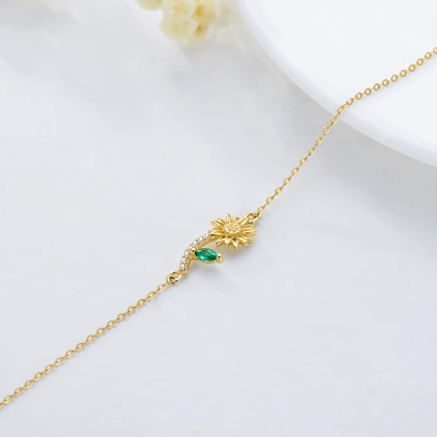 14k Solid Gold Sunflower & Heart Charm Bracelet for Women - Dainty Adjustable Bracelet for Girls, Graduation Gifts, Birthday Present, Valentine's Day Jewelry - Perfect for Everyday Wear & Special Occasions