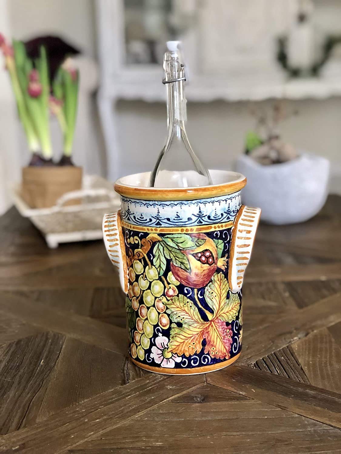 Hand-Painted Italian Pottery Utensil Holder & Wine Bottle - CERAMICHE D'ARTE PARRINI Tuscan Florence Decor with Red Grapes - Perfect for Kitchen Decor & Wine Storage