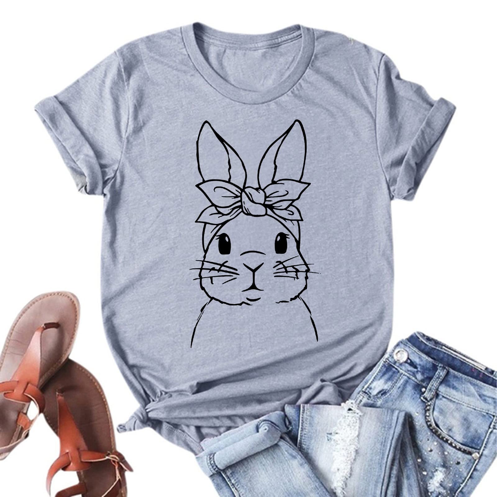 Elegant Cute Rabbit Printed Short Sleeve Cotton T-Shirt for Women - Easter Day Top Shirts - Perfect for Spring Outfits, Easter Celebrations & Casual Wear