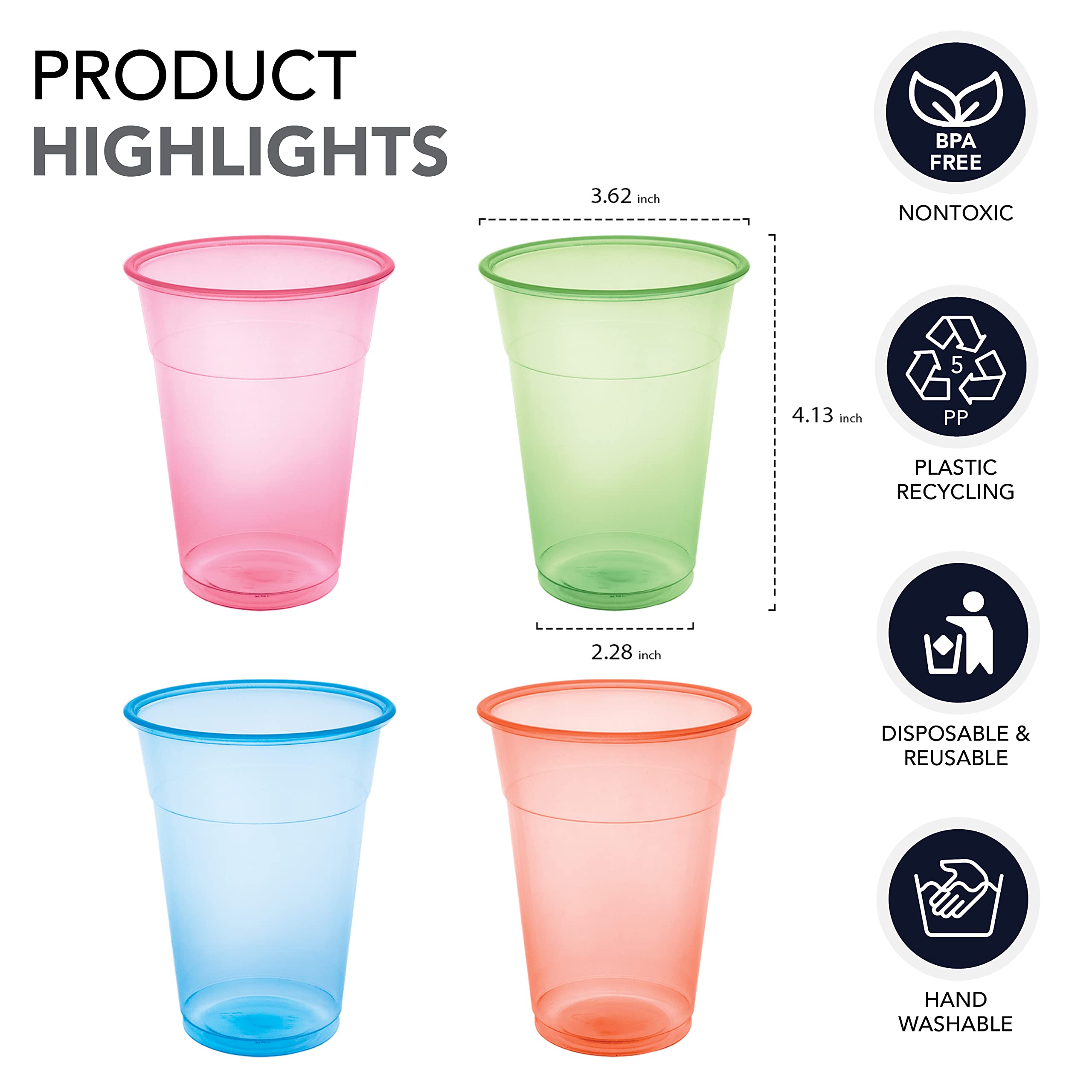 Vibrant Neon 12-Oz Plastic Party Cups - Set of 20 Reusable Tumblers for Birthday, BBQ, Picnic & Outdoor Events - BPA-Free Drinking Glasses for Kids & Adults