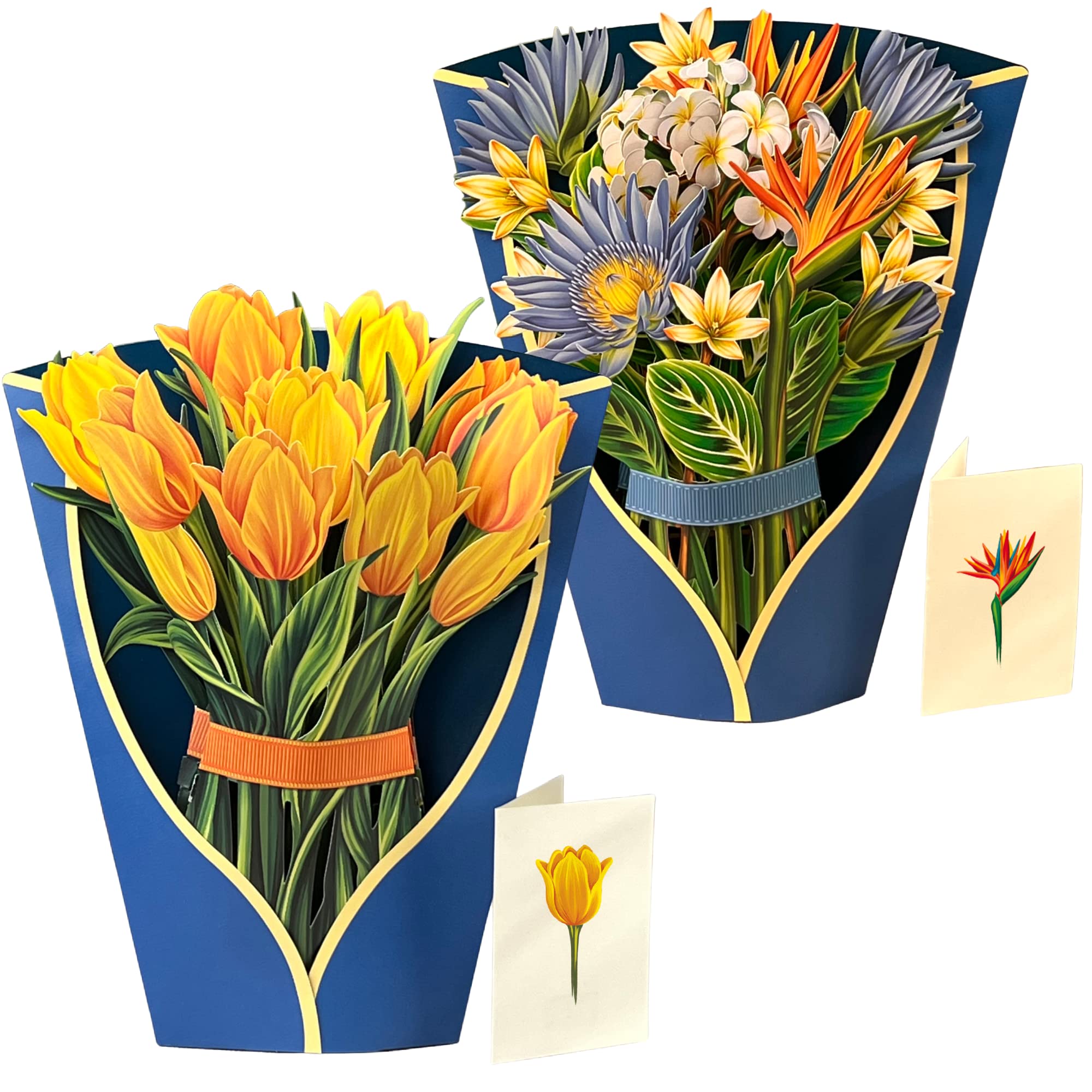 FreshCut Paper Pop Up Greeting Cards - Tropical Bloom & Yellow Tulips 3D Flower Bouquet Set (12 Inch Life-Sized, 2 Cards with Note Cards & Envelopes) | Perfect for Birthdays, Anniversaries, Mother's Day & Home Decor