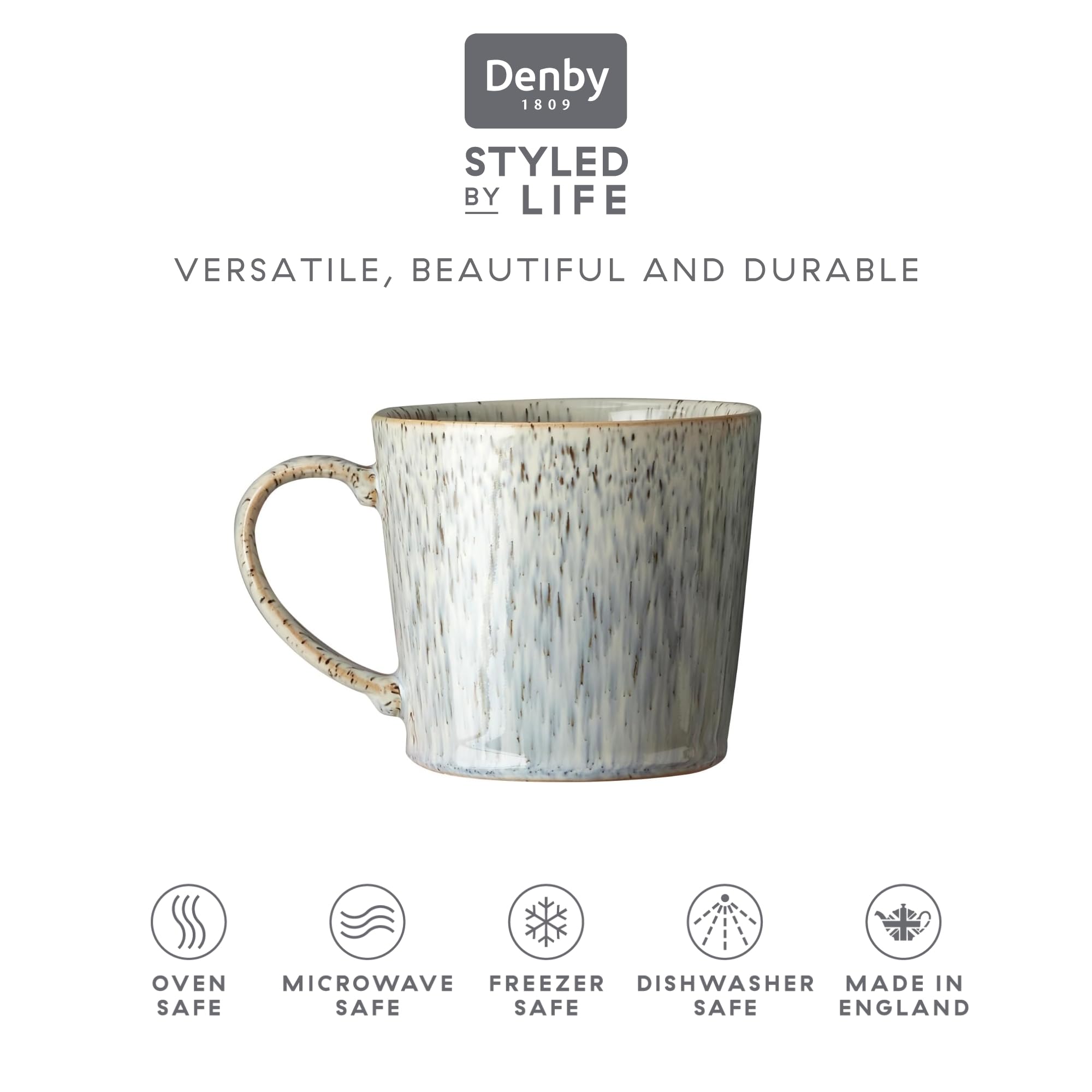 Denby Halo Speckle Large Coffee Mug Set of 4 - 13.5oz Stoneware Tea Cups for Office & Home Use - Dishwasher & Microwave Safe Ceramic Mugs in Grey, Blue & Neutral Colors - Perfect for Coffee, Tea, Hot Chocolate & Soups