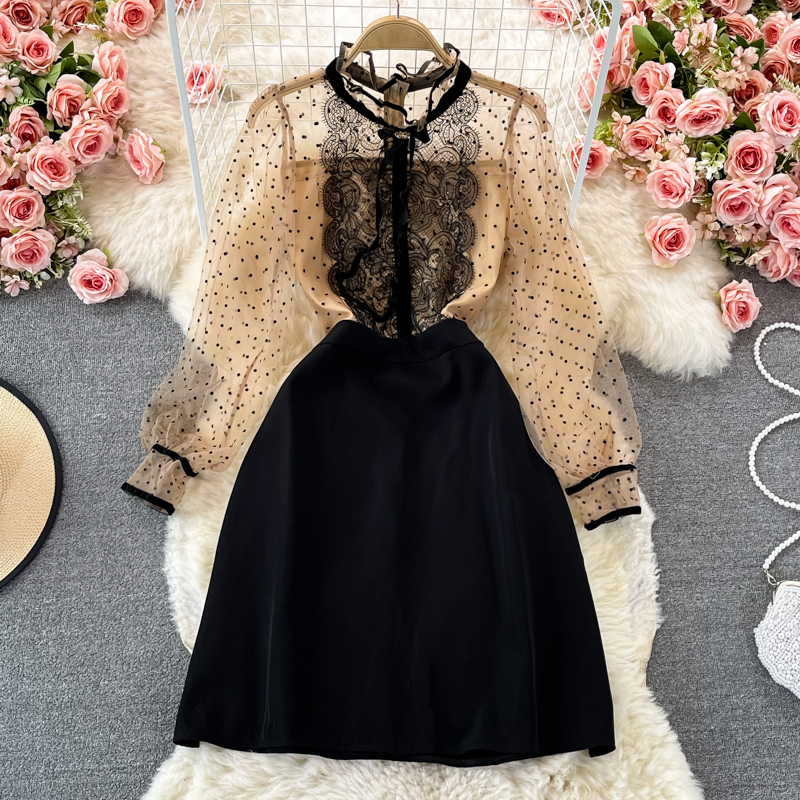Elegant Autumn Bowknot Stand Collar Polka Dot Lace A-Line Dress 1369 | Floral Print Party Dress for Women | Perfect for Fall Weddings, Office Wear & Date Nights