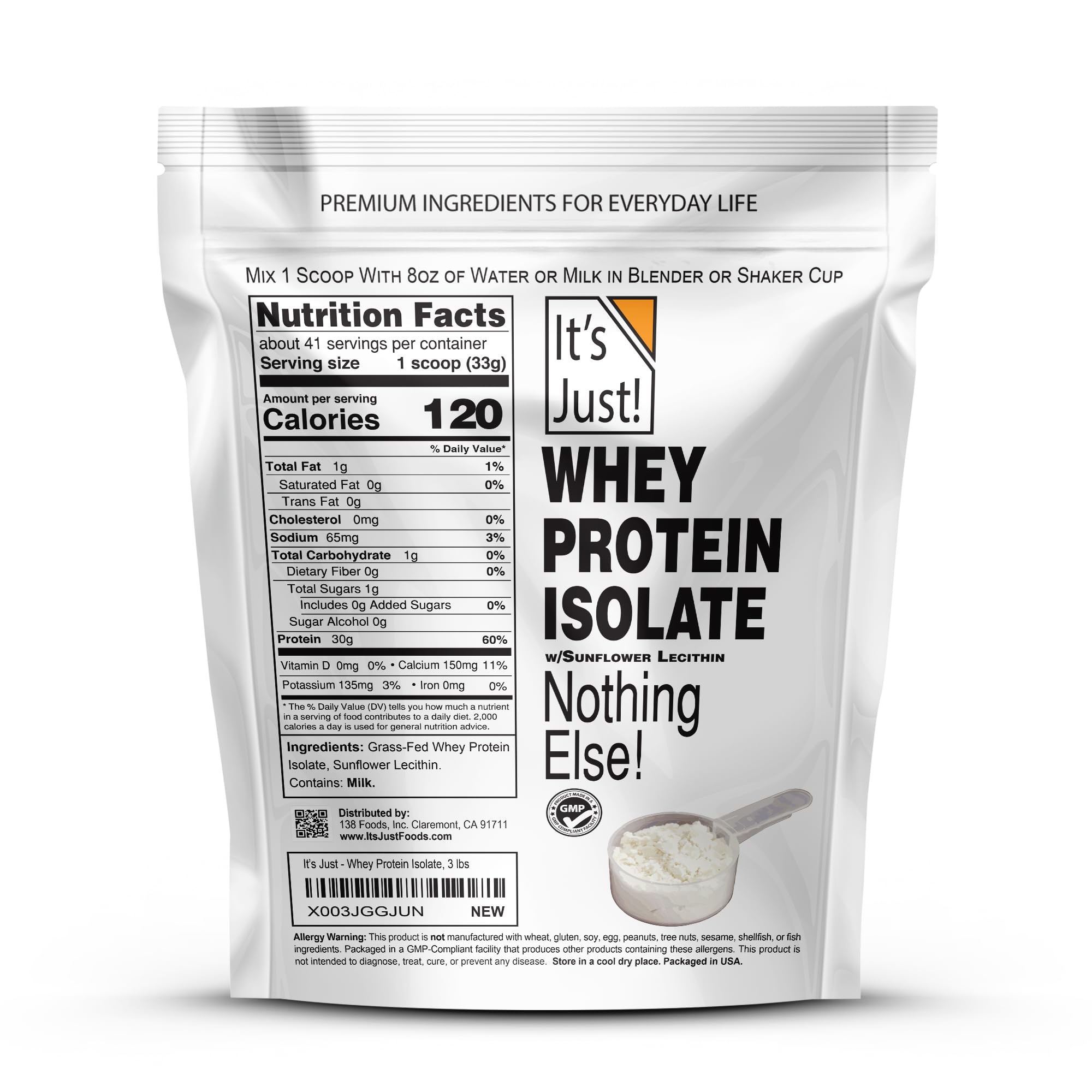 Grass-Fed Whey Protein Isolate Powder - 90% Pure Protein, 1g Carb, No Sugar Added - Unflavored Premium Supplement for Muscle Recovery & Weight Loss - Made in USA (3lb) - Ideal for Post-Workout Shakes, Smoothies & Baking