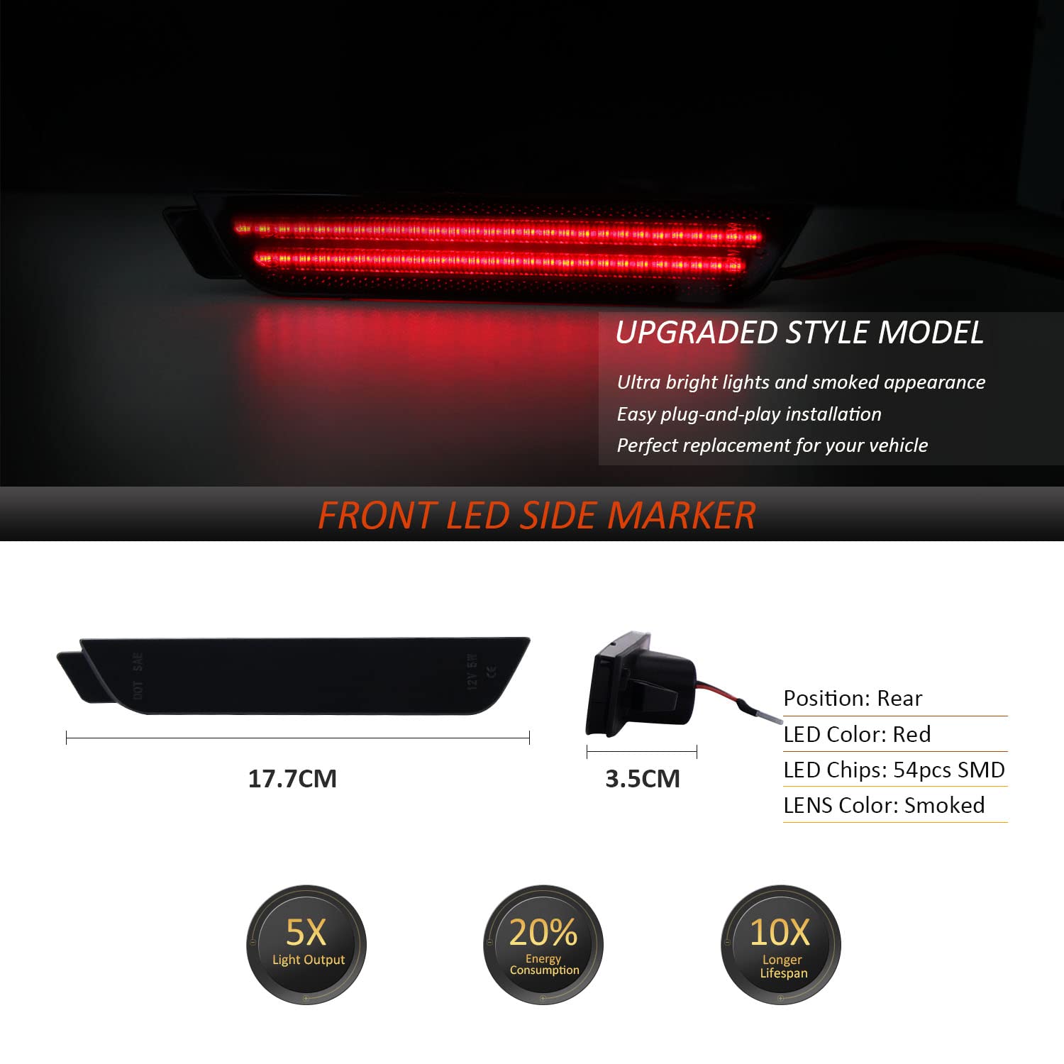 Bestview LED Side Marker Lights for Chevy Camaro 2010-2015 - Smoked Lens Amber & Red Bumper Lights (4PCS) - Front & Rear Fender Markers for Driver & Passenger Side - Perfect for Night Driving and Vehicle Customization